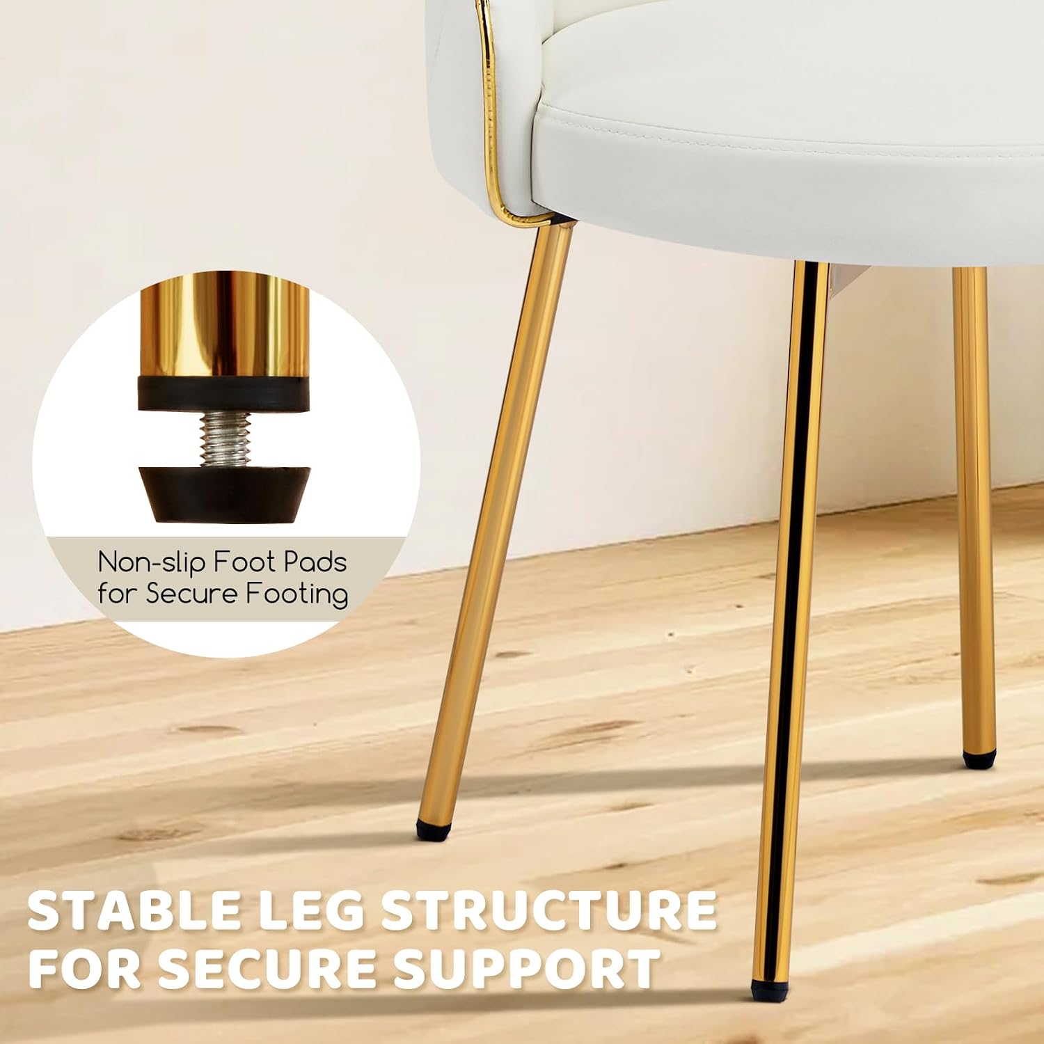 Cute Vanity Chair with Low Back, Small Makeup Desk Chair No Wheels, Modern Armless Leather Swivel Vanity Stools with Gold Legs for Vanity Bedroom Dress Room, White