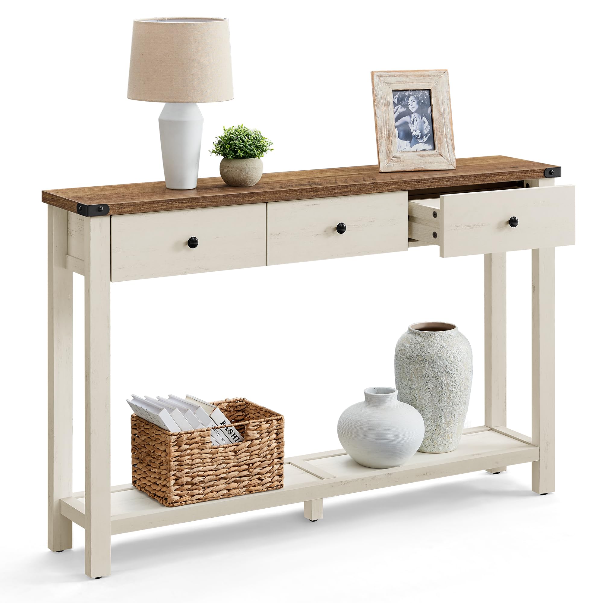 VASAGLE LIRY Collection - Console Sofa Table, Narrow Entryway Table with 3 Drawers, Open Storage Shelf, Metal Corners, for Living Room, Farmhouse Style, Honey Brown ULNT142KB02S