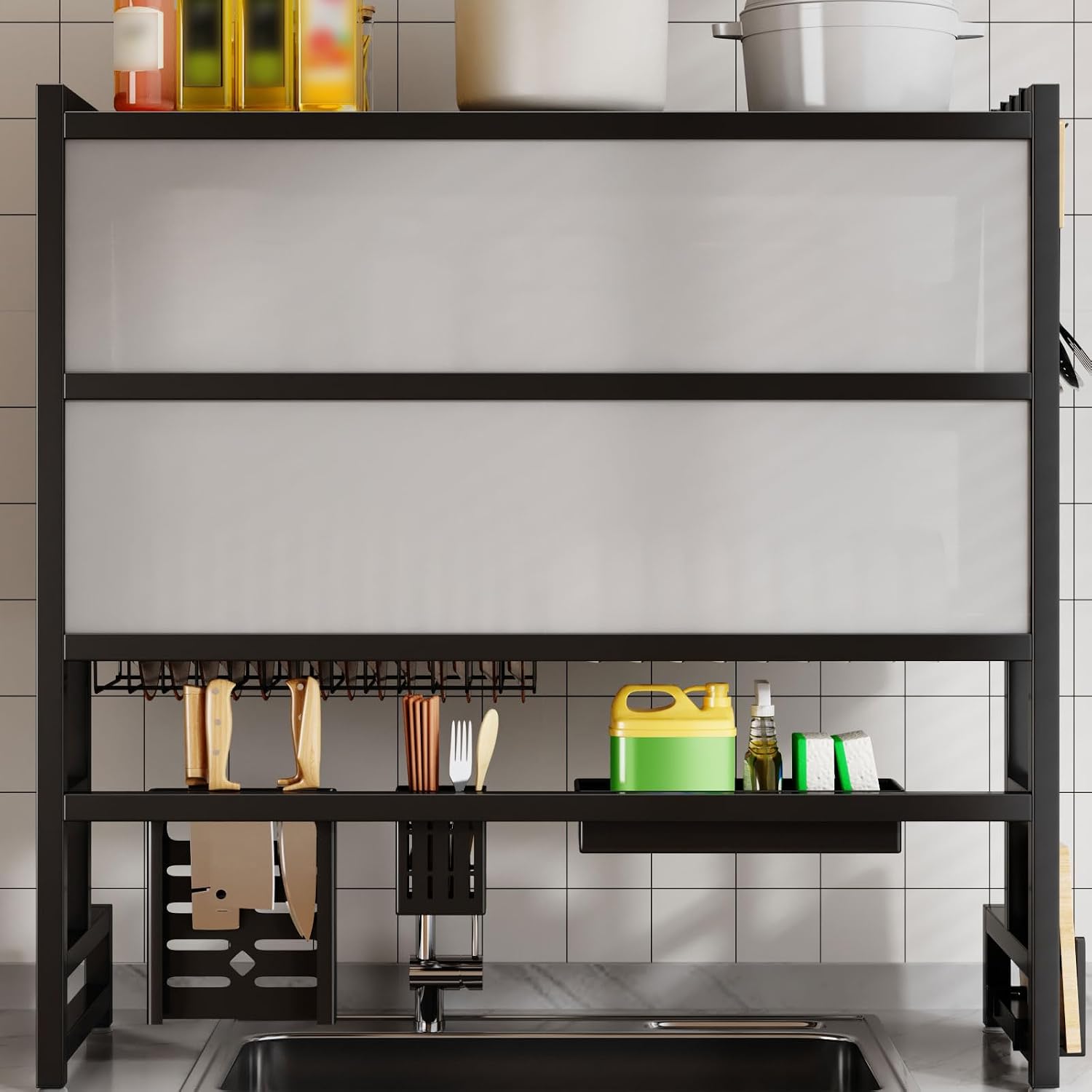 PENSUN Dish Drying Rack Over The Sink, 2-Tier Kitchen Utensil Storage Organizer Shelf, Space-Saving ，Efficient Sink Drainer and Storage Solution - 85cm/33.46in (Black