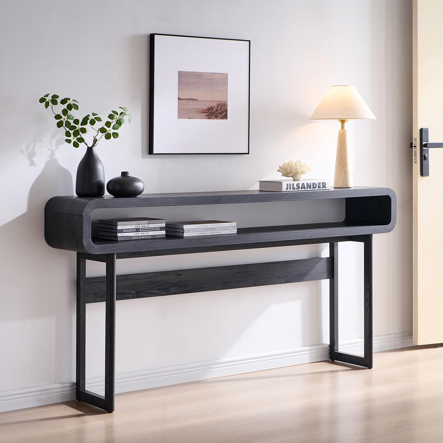 IFGET 63-Inch Long Console Table, 31.5" Tall Modern Entryway Table with Open Storage Shelf, Curved Profile Design, Narrow Wood Sofa Table Behind Couch Table for Living Room, Hallway,Foyer, Natural Oak