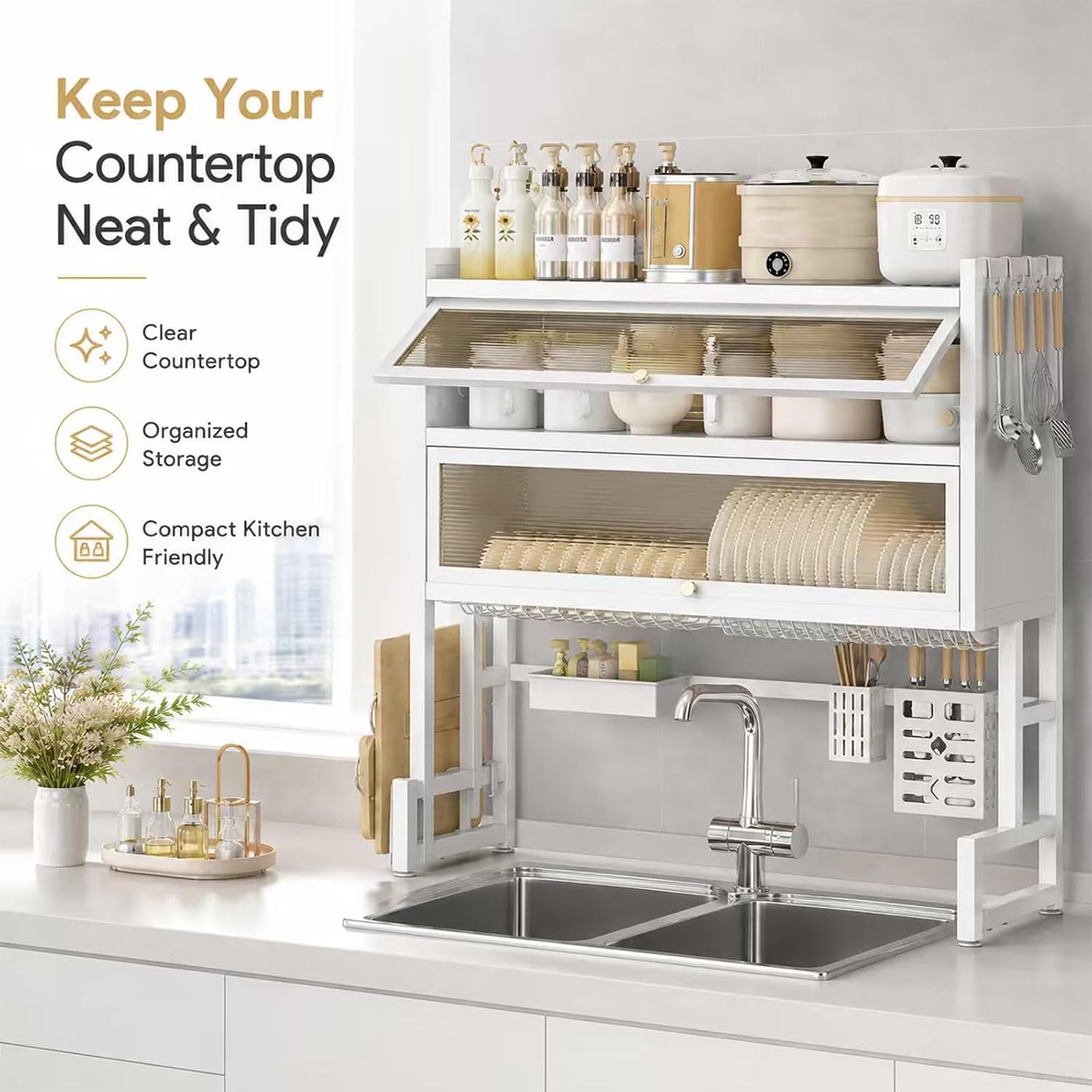 Over the Sink Dish Drying Rack with Dustproof Cover, 3 Tier Carbon Steel Dish Drainer, Over the Sink Dish Draining Rack, Bowls, Glasses & Cutlery White 41.33in