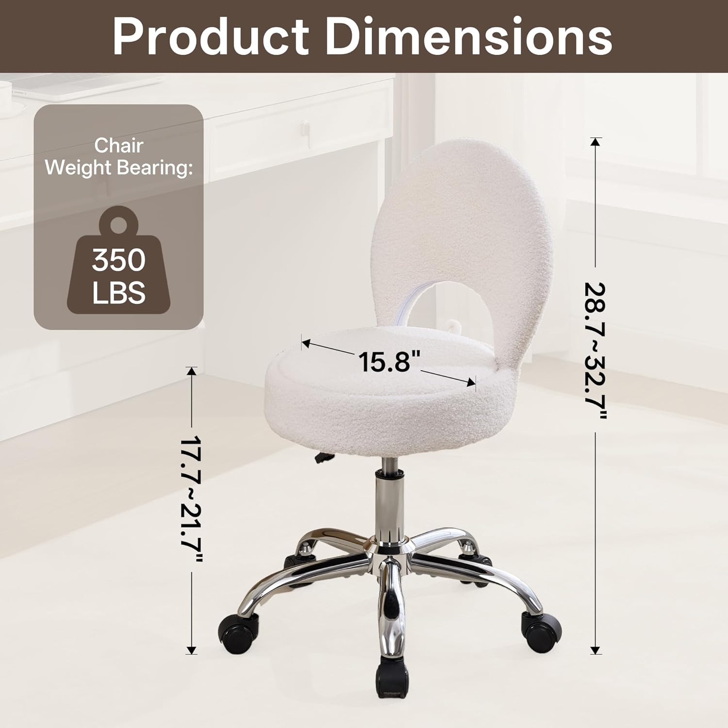 Home Office Chair Foldable Vanity Chair Vanity Stool with Storage 15.8" Spacious Seat 360° Swivel Height Adjustable White