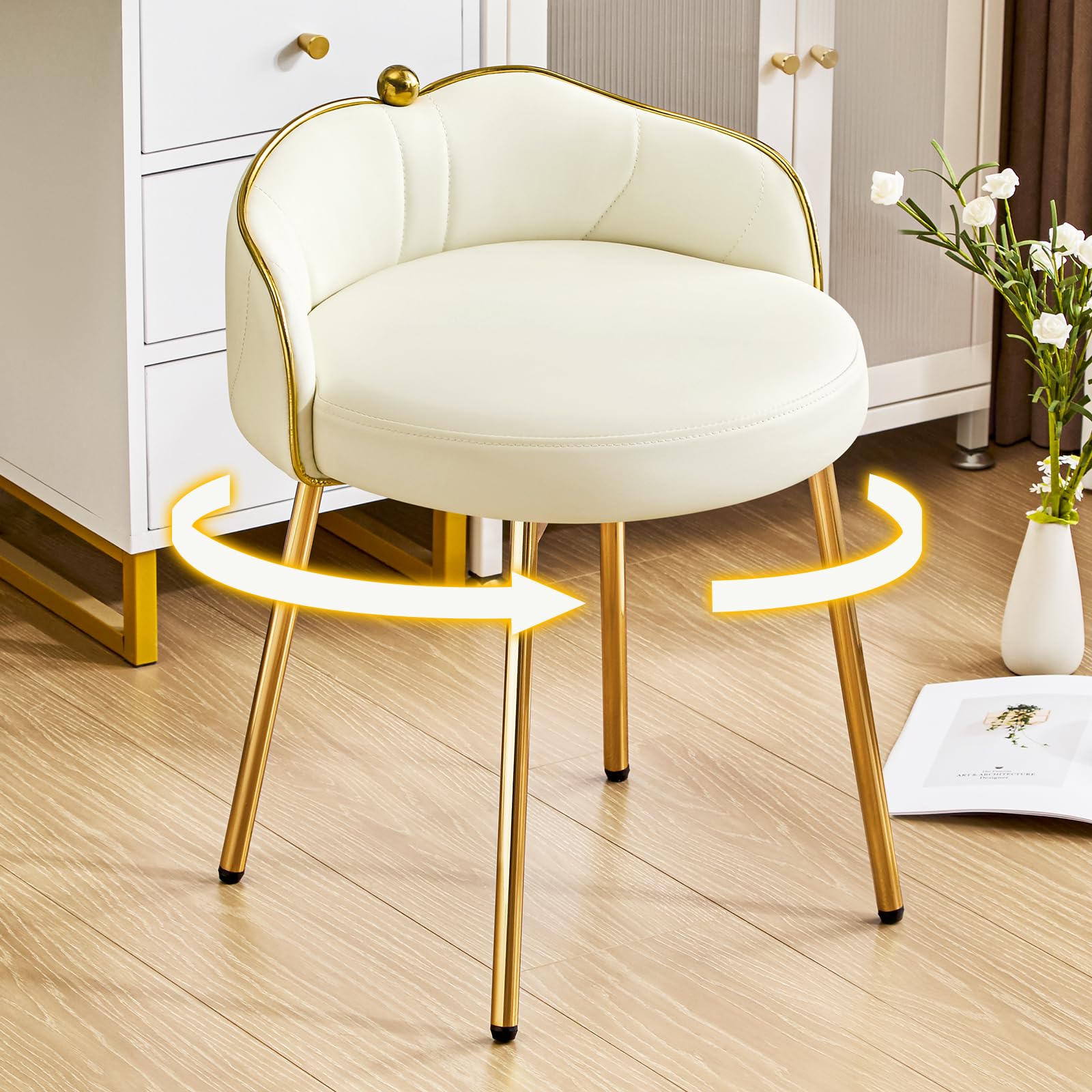 Beige Low Back Leather Vanity Chair, Armless Makeup Stool with Gold Legs No Wheels for Bedroom Dress Room