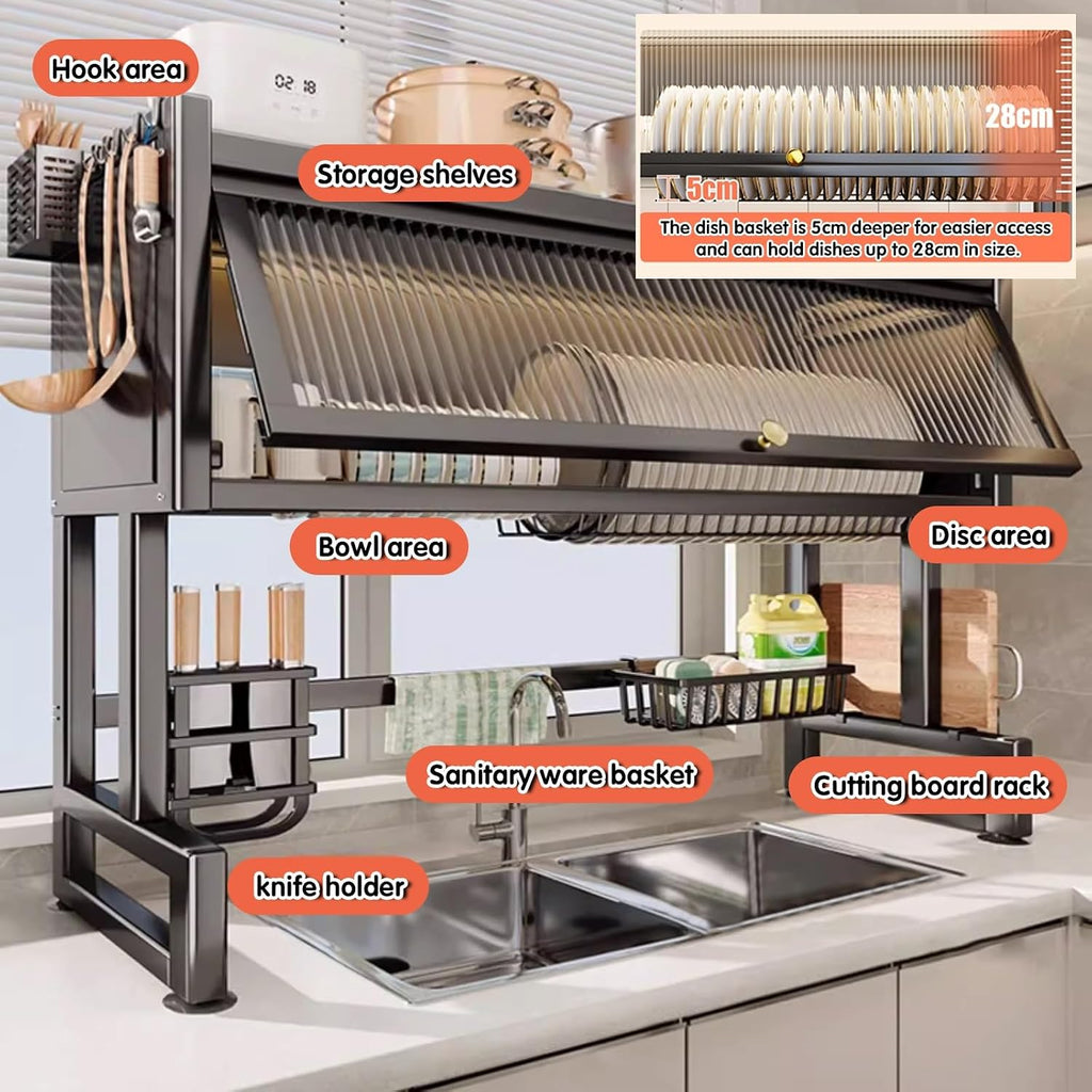 Kitchen steel over the sink dish drying rack, drainer racks for counter, Includes chopsticks, knife, cutting board holder, Acrylic cabinet doors,Organization Storage.(55 * 30 * 70cm)