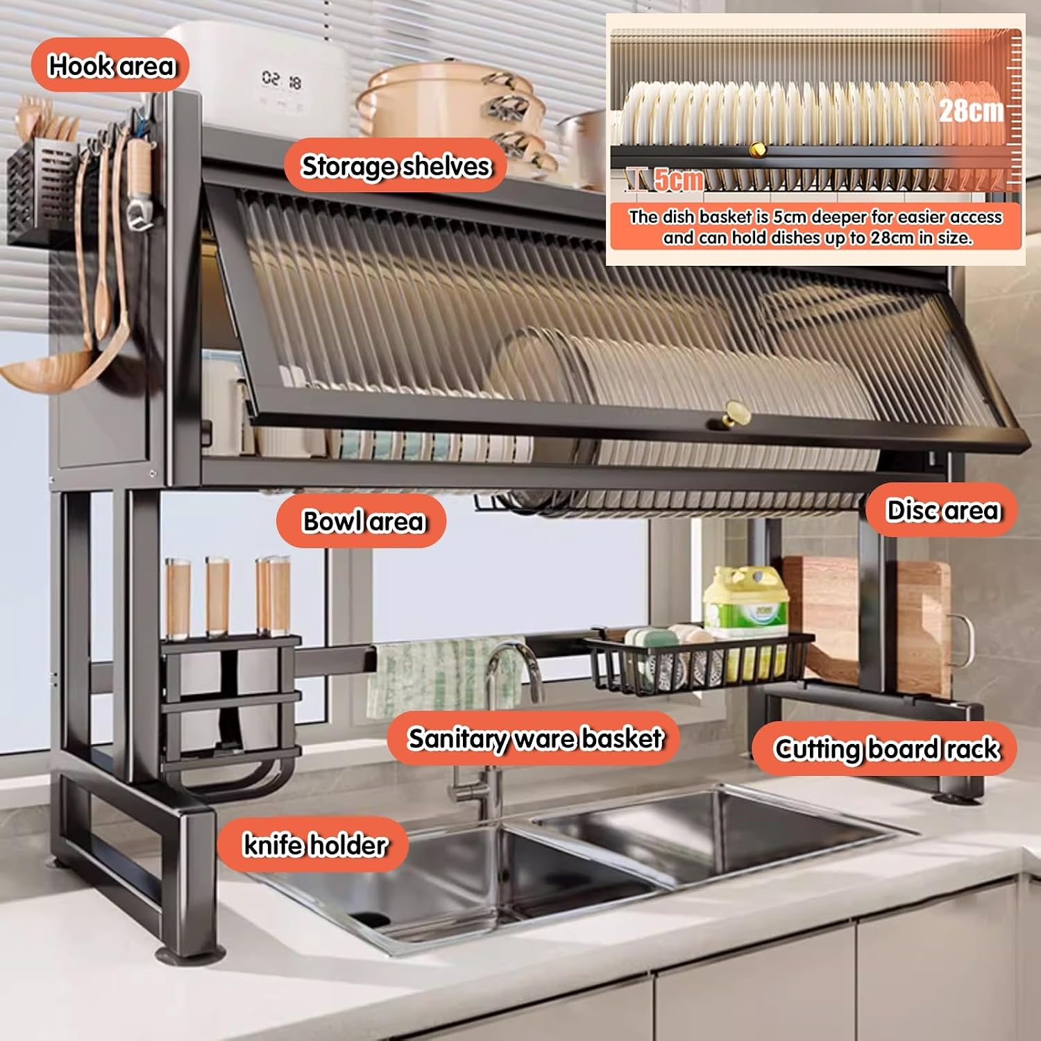 Kitchen steel over the sink dish drying rack, drainer racks for counter, Includes chopsticks, knife, cutting board holder, Acrylic cabinet doors,Organization Storage.(55 * 30 * 70cm)