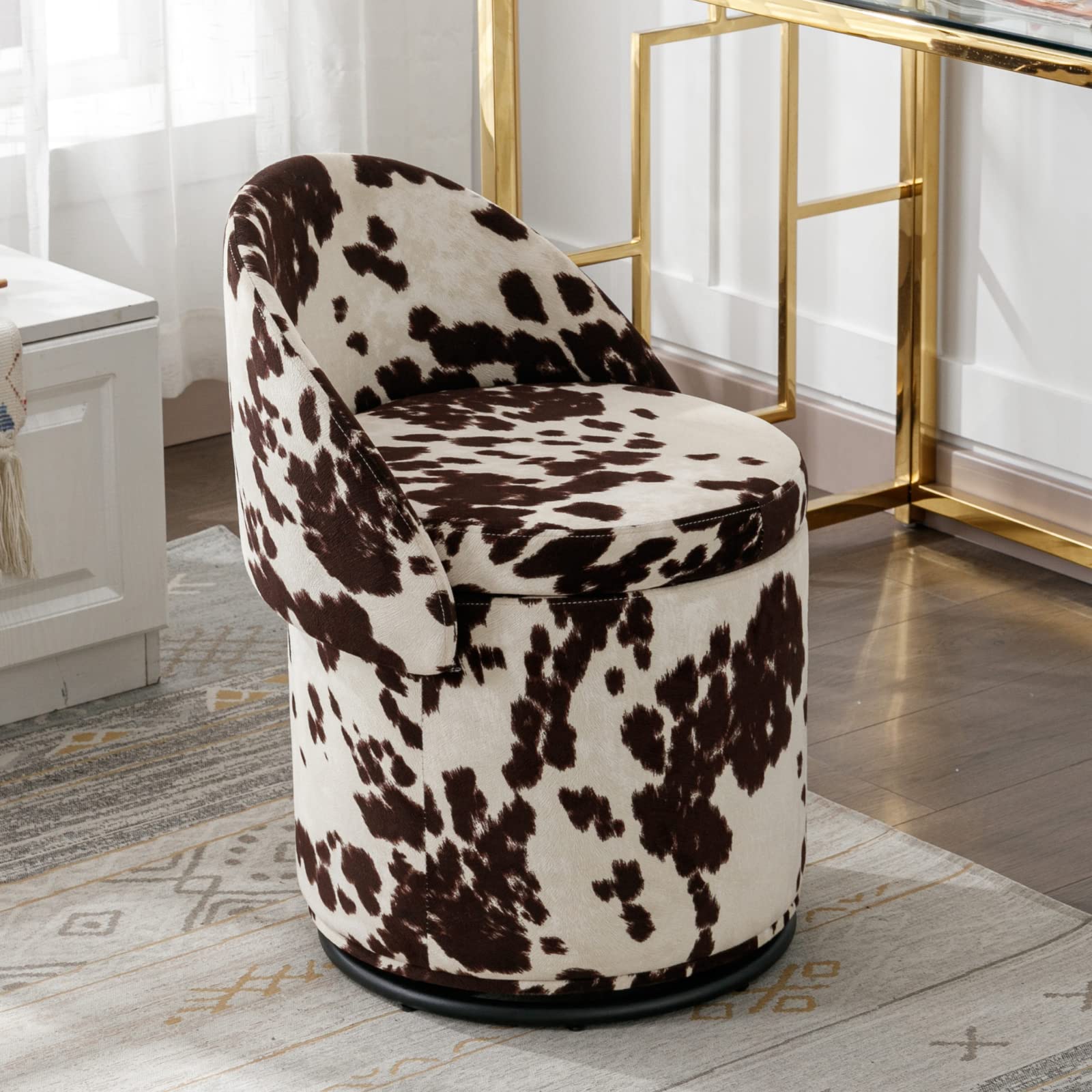 LukeAlon Sherpa Makeup Ottoman with Storage, Upholstered 360° Swivel Vanity Stool with Foldable Backrest Modern Cylindrical Footrest Stool for Living Room Bedroom, White