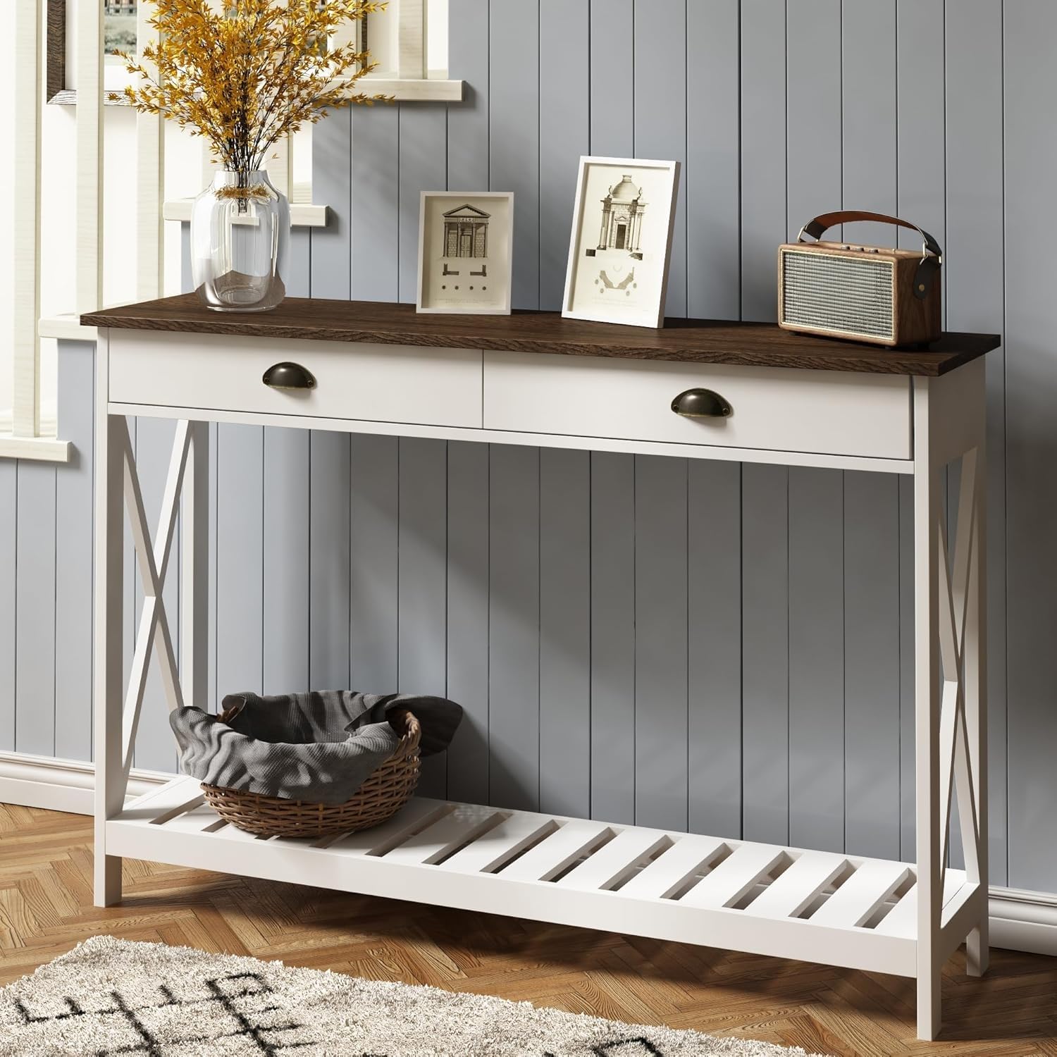 ChooChoo Farmhouse Console Table with Drawer for Entryway, Narrow Long Entry Table with Shelf for Living Room, Rustic Vintage Hallway Sofa Table with Stable X Supports, 40 White