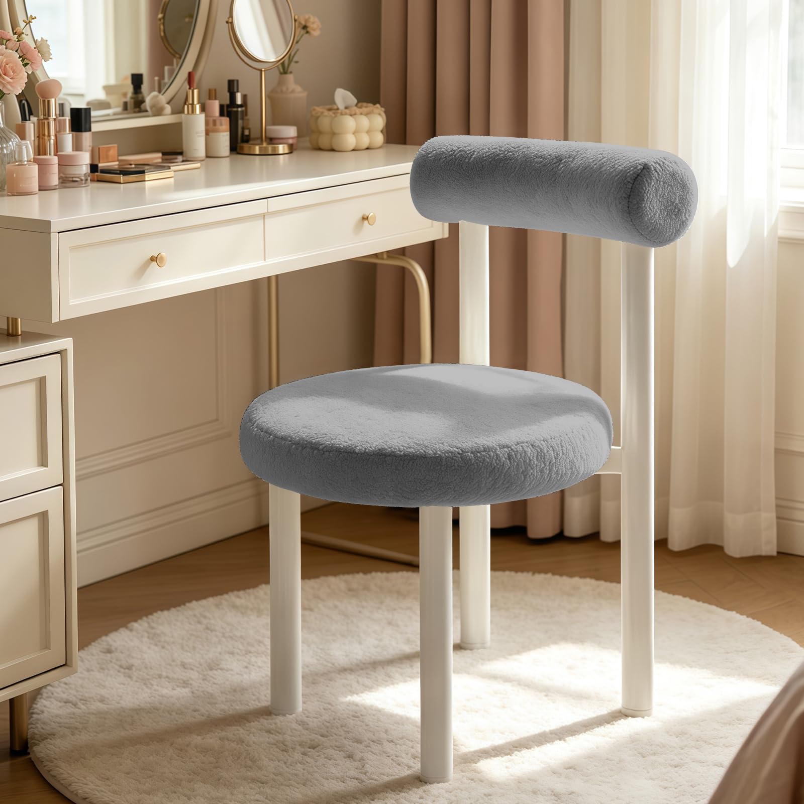 Cute Small Armless Desk Chair, Ergonomic Comfy Vanity Chairs Lumbar Support with Back for Makeup, Teddy Fabric Computer Desk Chair for Home, Bedroom, Vanity, Teens, Adults