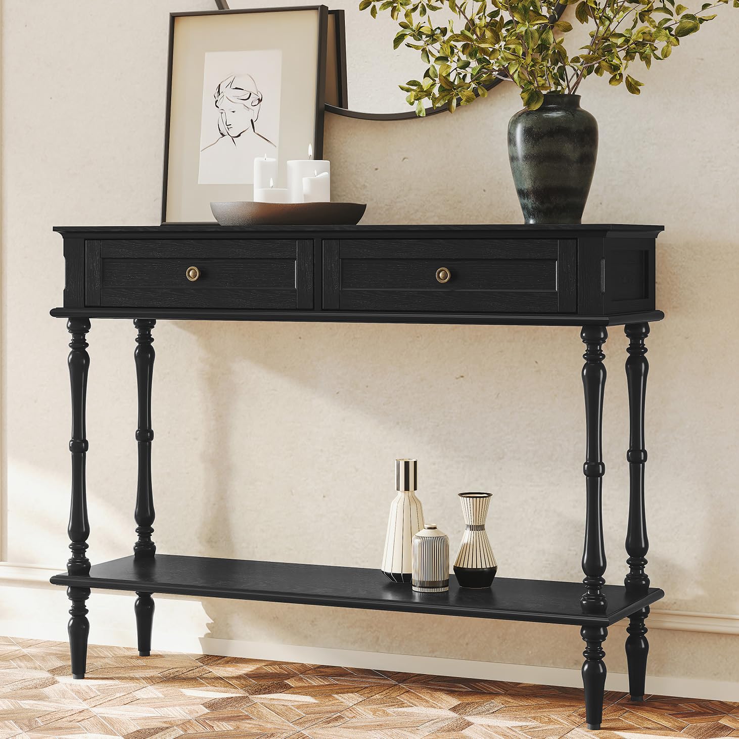 ARTPOWER Console Table for Entryway with 2 Drawers-Minimal Assembly,Blue Retro Entryway Table with Storage Cabinets and Open Shelf,Narrow Long Couch Table Behind Sofa for Living Room,Foyer,Hallway