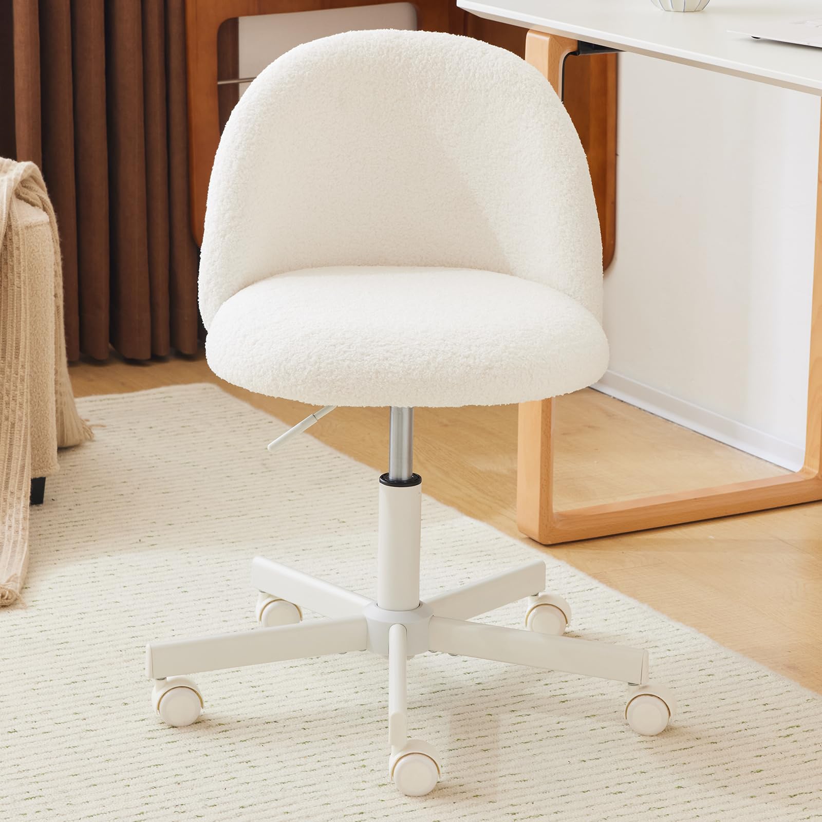 VINGLI Candy Chair Armless Cute Desk Chair,Comfy Small Office Chair with Wheels,Vanity Chair Lumbar Support,Teddy Adjustable Rolling Swivel Computer Task Chair for Home Office,Bedroom,Creamy Beige