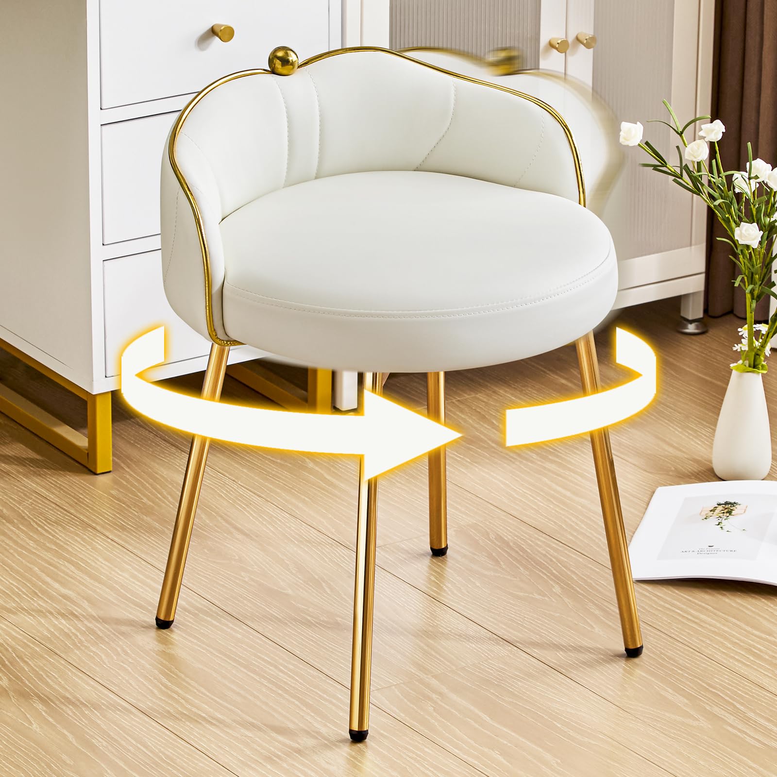 Beige Low Back Leather Vanity Chair, Armless Makeup Stool with Gold Legs No Wheels for Bedroom Dress Room