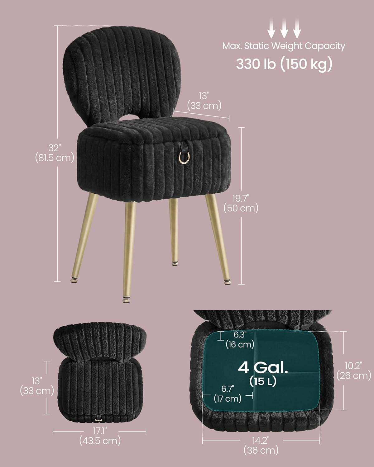SONGMICS Small Vanity Chair with Storage and Folding Back, Vanity Stool, Footrest Footstool Ottoman, Dressing Table Stool, Furry Padded Seat, for Makeup Room, Bedroom, Ink Black ULOM532BH01