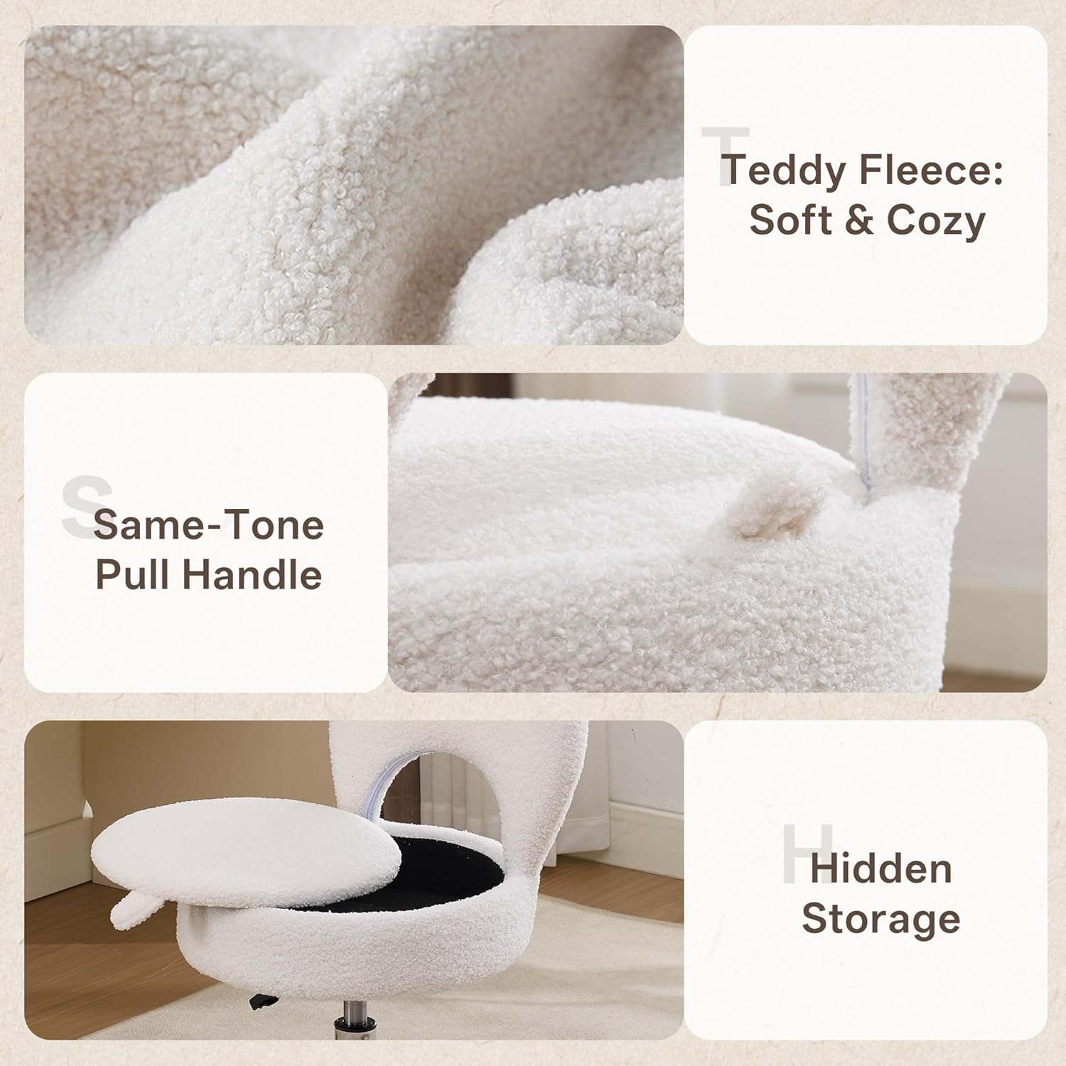 Home Office Chair Foldable Vanity Chair Vanity Stool with Storage 15.8" Spacious Seat 360° Swivel Height Adjustable White