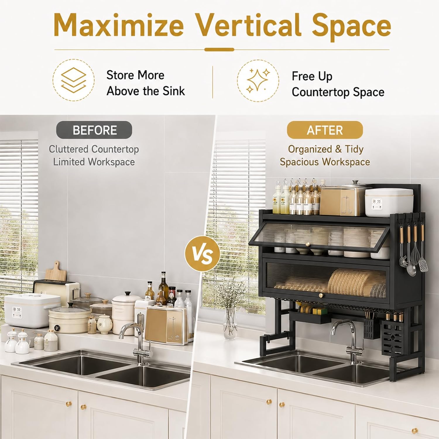 Over The Sink Dish Drying Rack with Dustproof Cover, 3 Tier Carbon Steel Dish Drainer, Piano Lacquer Finish, Space Saving Kitchen Organizer for Dishes, Bowls & Glasses (Black)
