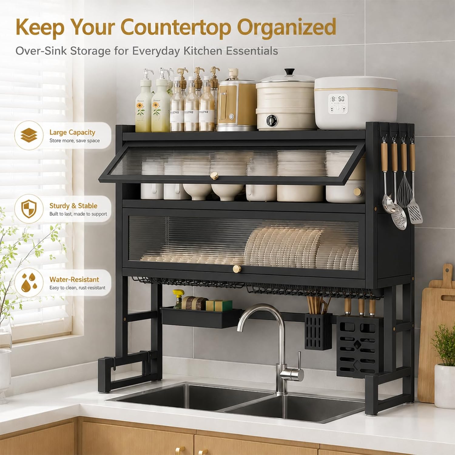 Over The Sink Dish Drying Rack with Dustproof Cover, 3 Tier Carbon Steel Dish Drainer, Piano Lacquer Finish, Space Saving Kitchen Organizer for Dishes, Bowls & Glasses (Black)