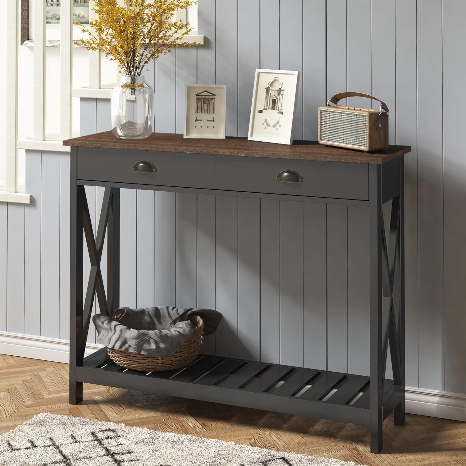 ChooChoo Farmhouse Console Table with Drawer for Entryway, Narrow Long Entry Table with Shelf for Living Room, Rustic Vintage Hallway Sofa Table with Stable X Supports, 40 White