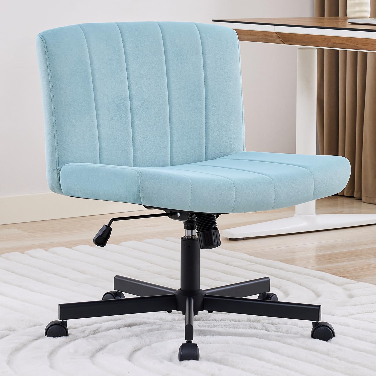 amseatec Criss Cross Chair, Wide Cross Legged Desk Chair with Wheels, Comfy Fabric Vanity Chair for Home Office, Adjustable Armless Swivel Task Chair with 90–115°Tilt（300Lbs/Beige）