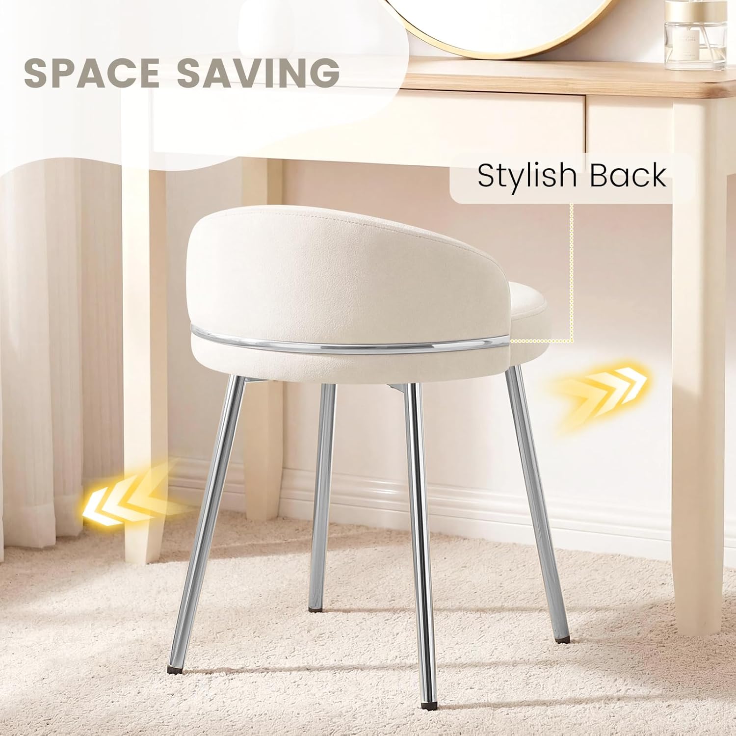 Velvet Vanity Chair with Soft Seat Matel Legs, Cute Makeup Desk Chair for Small Space, Upholstered Modern Vanity Stool with Low Back for Makeup Room Bedroom Dressing Room, Beige