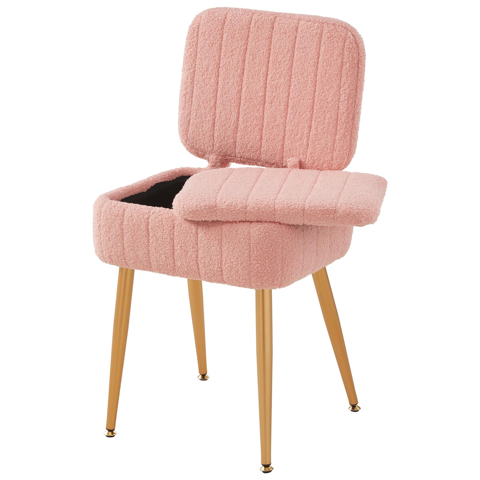 Updated Vanity Chair, Storage Ottoman with Folding Back & Gold-Toned Metal Legs, Ottoman Seat with Teddy Velvet for Dressing Room Living Room Bedroom, 15" x 12" Inch
