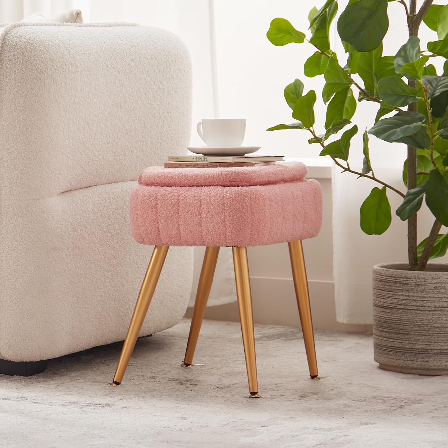 Updated Vanity Chair, Storage Ottoman with Folding Back & Gold-Toned Metal Legs, Ottoman Seat with Teddy Velvet for Dressing Room Living Room Bedroom, 15" x 12" Inch