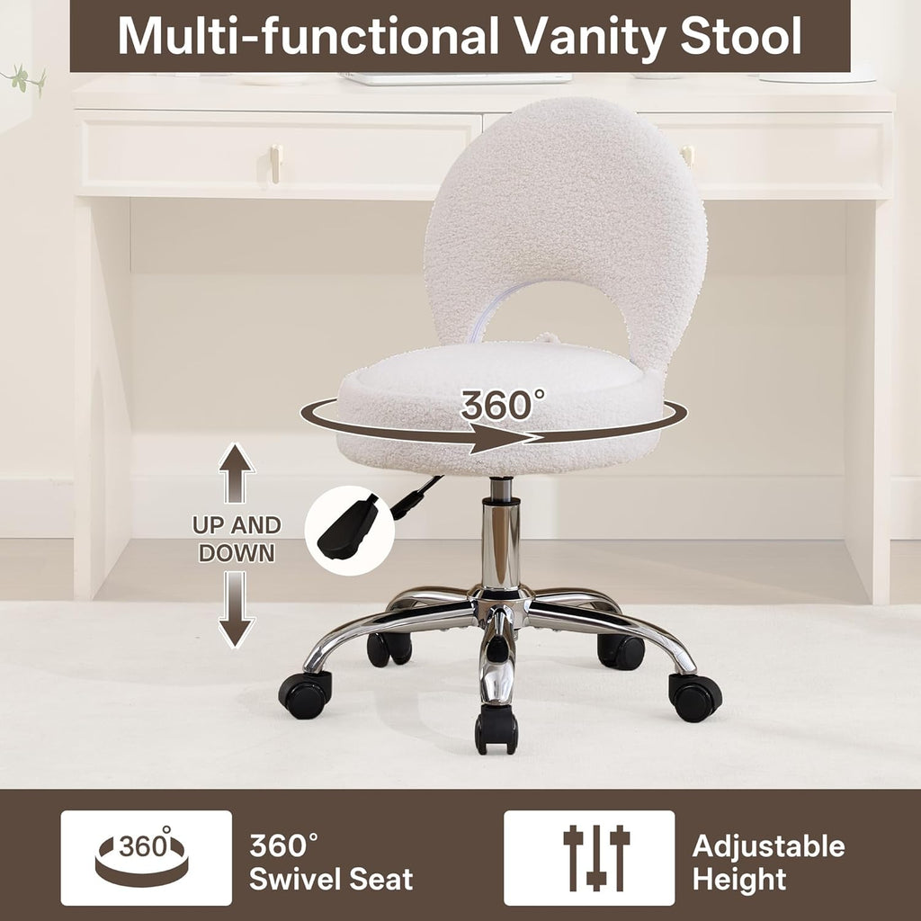 Home Office Chair Foldable Vanity Chair Vanity Stool with Storage 15.8" Spacious Seat 360° Swivel Height Adjustable White