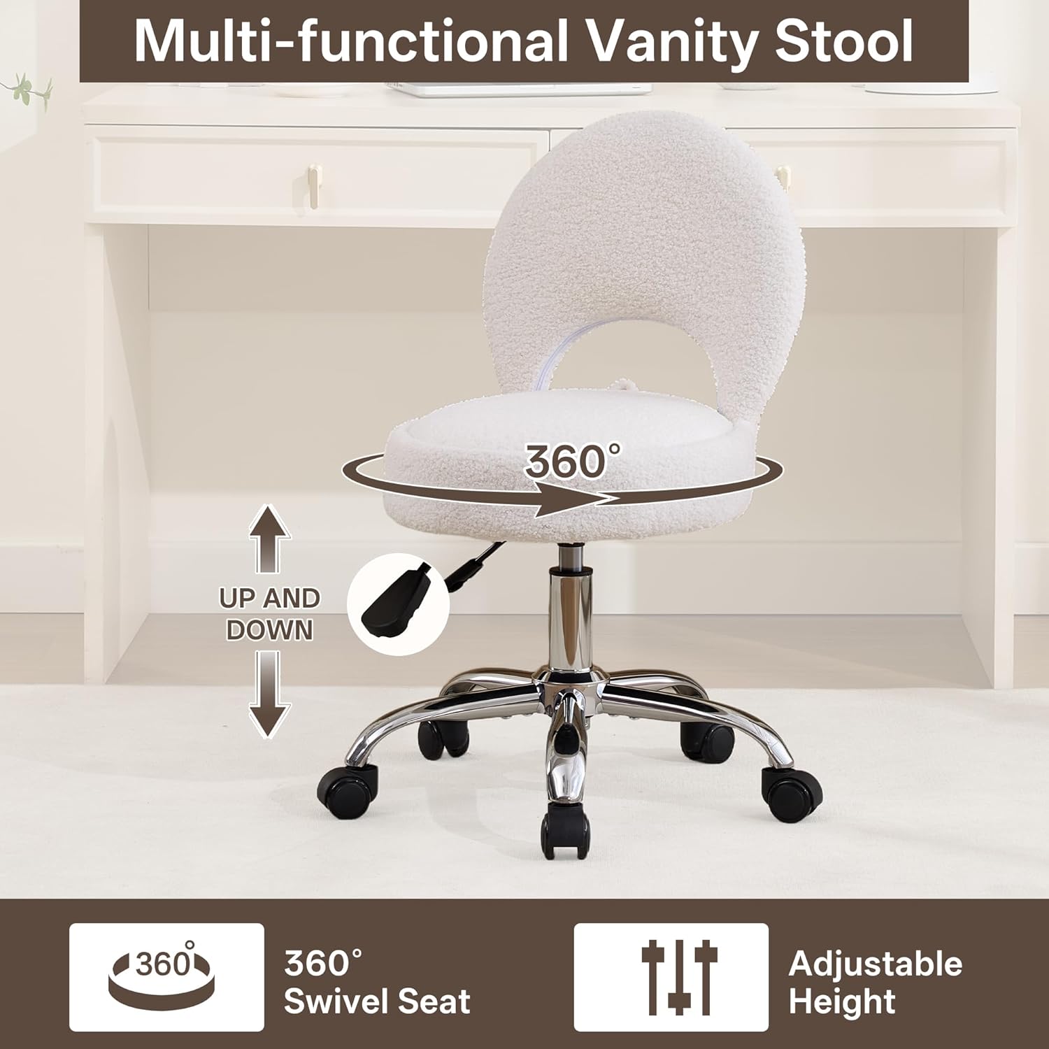 Home Office Chair Foldable Vanity Chair Vanity Stool with Storage 15.8" Spacious Seat 360° Swivel Height Adjustable White