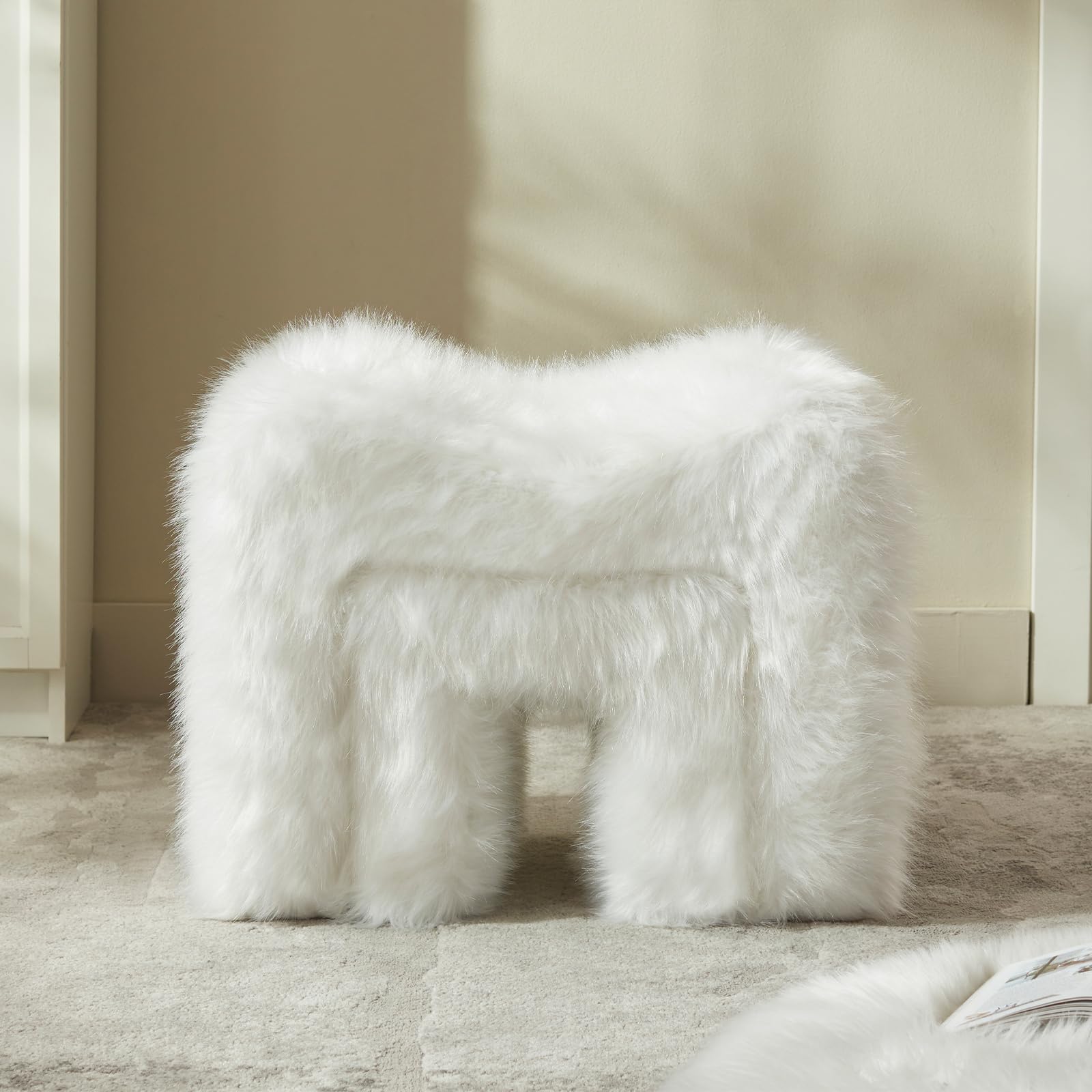 Ottoman Vanity Stool Chair Small Footstool Seating Backless Modern Foot Rest Teddy Velvet Ottoman for Makeup Room Living Room Bedroom Entryway,White (Single 1)