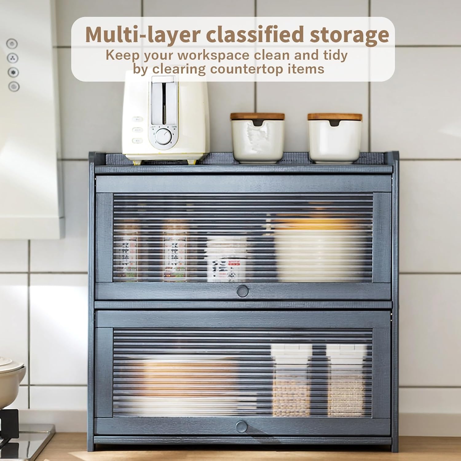 3-Tier Bamboo Kitchen Storage Cabinet with Acrylic Doors, Countertop Sideboard Organizer for Dishes Spices Bowls
