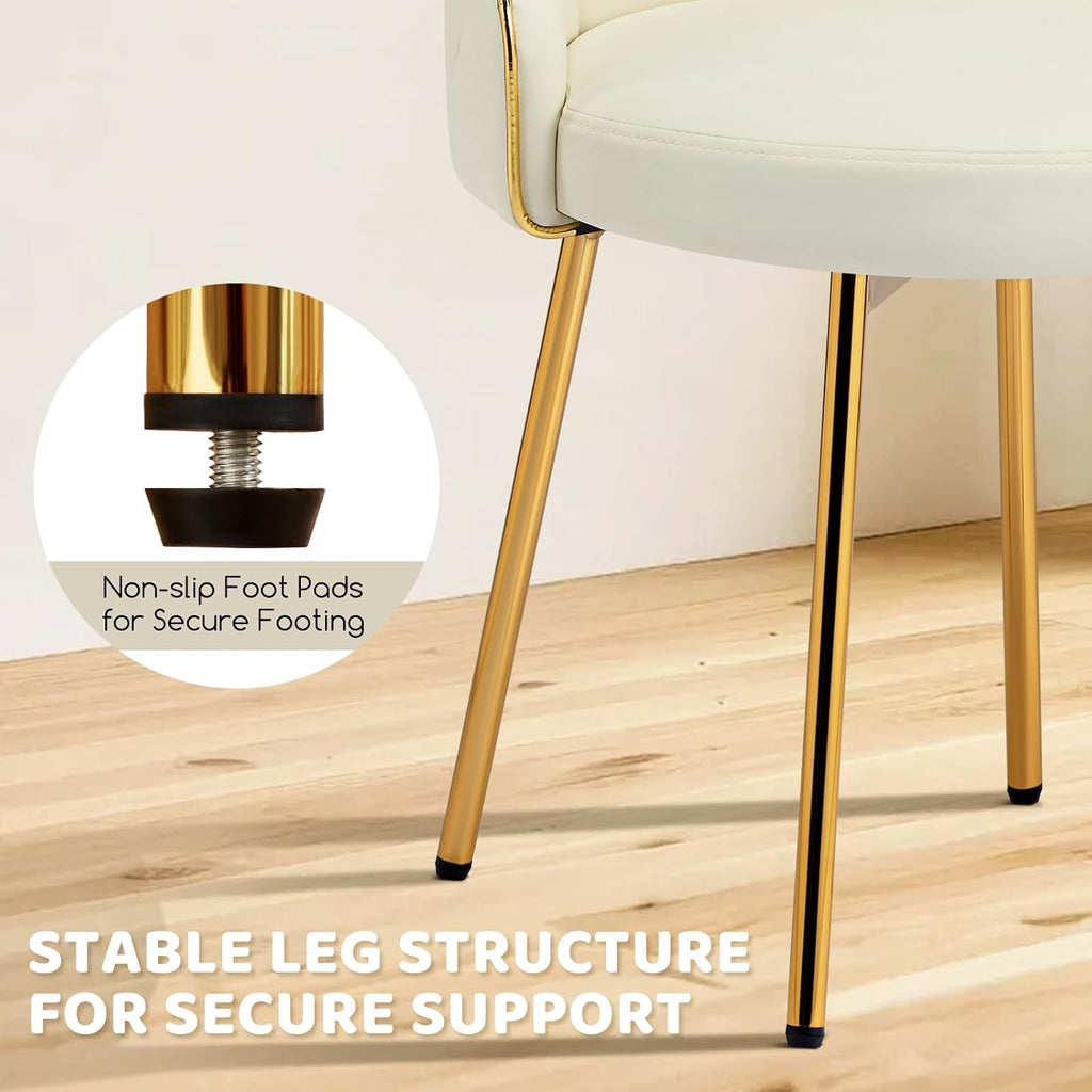 Beige Low Back Leather Vanity Chair, Armless Makeup Stool with Gold Legs No Wheels for Bedroom Dress Room