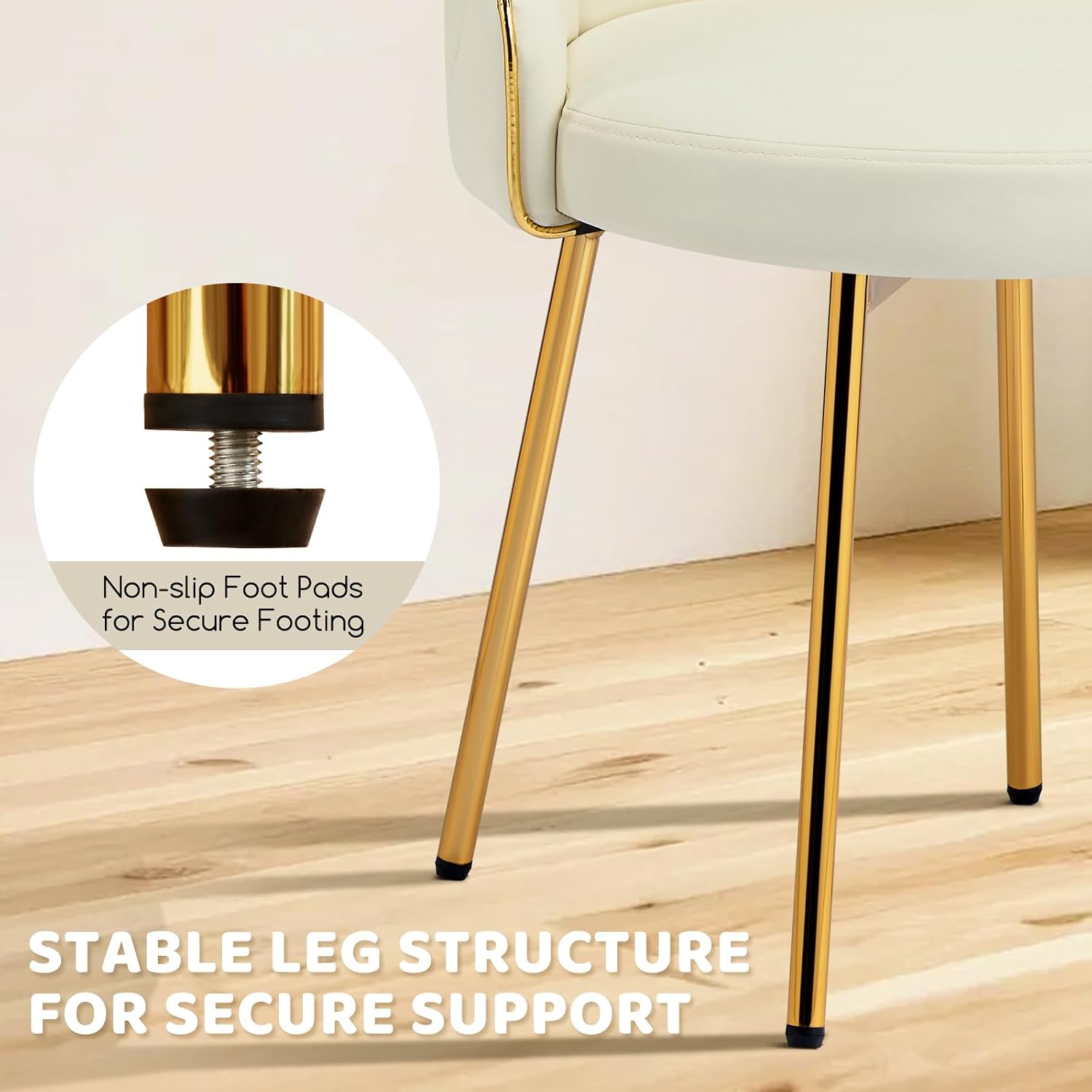 Beige Low Back Leather Vanity Chair, Armless Makeup Stool with Gold Legs No Wheels for Bedroom Dress Room