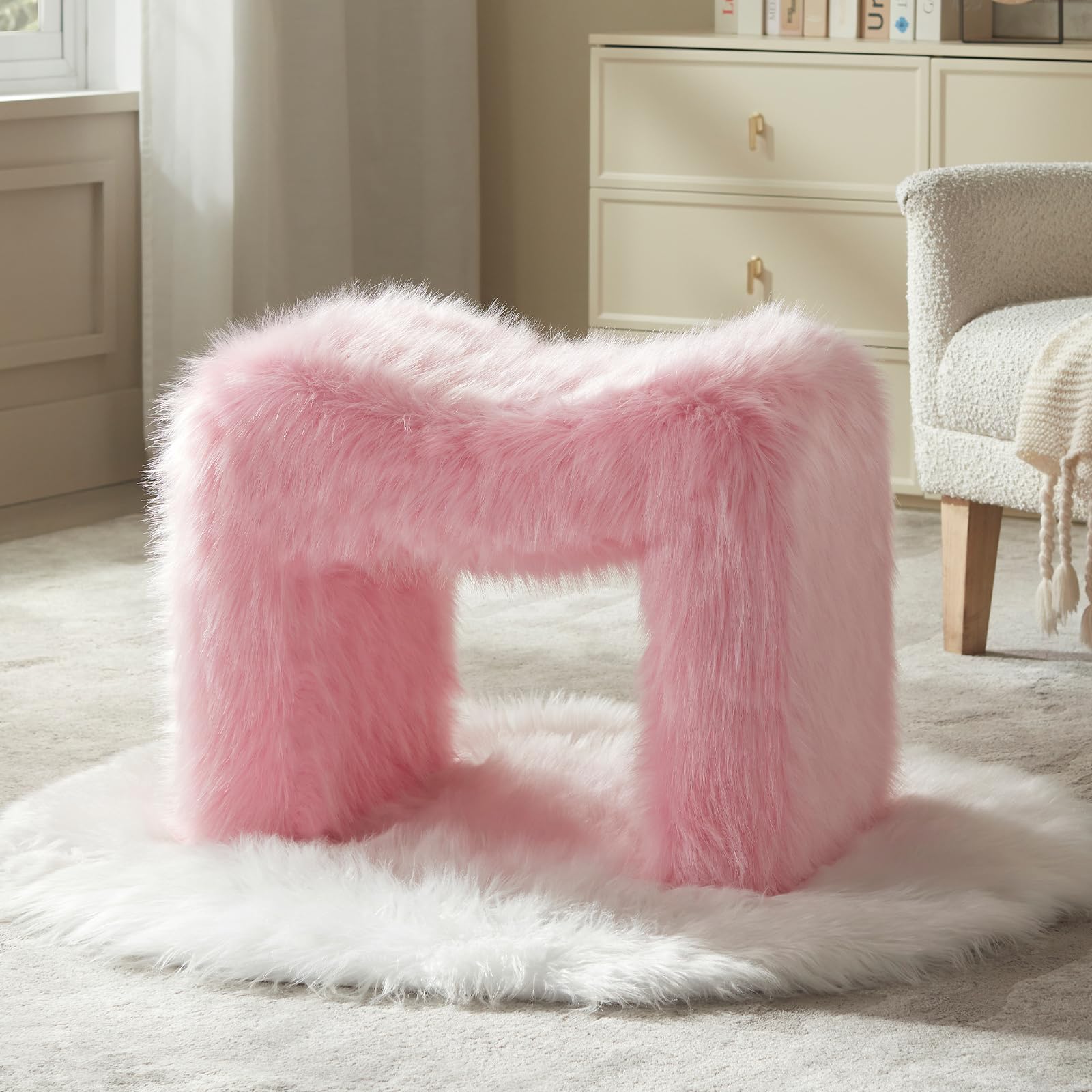 Ottoman Vanity Stool Chair Small Footstool Seating Backless Modern Foot Rest Teddy Velvet Ottoman for Makeup Room Living Room Bedroom Entryway,White (Single 1)