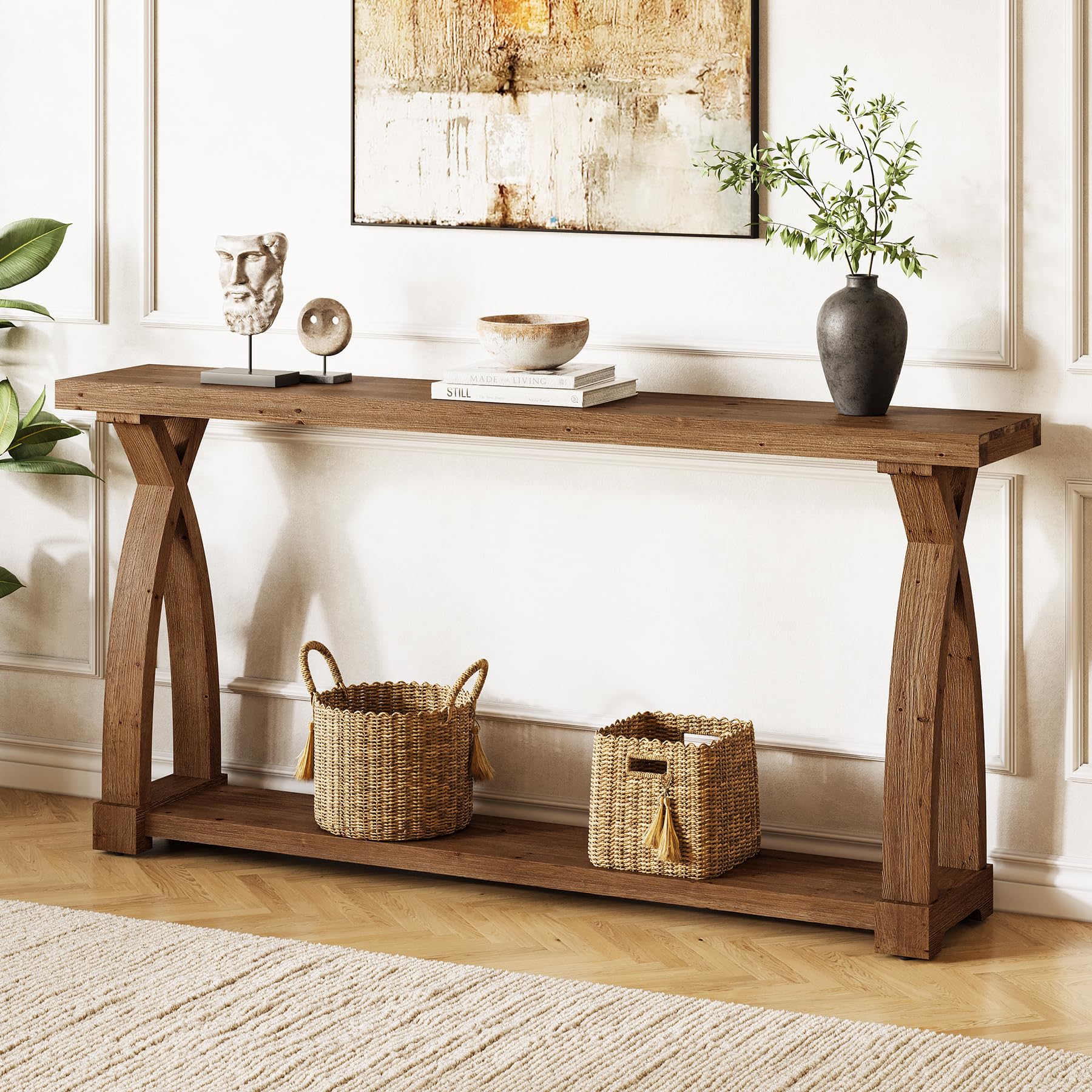 Solid Wood Console Table for Entryway, 63-Inch Narrow Farmhouse Couch Table Behind Sofa with 2-Tier Storage for Entrance, Foyer, Living Room, Long, Dark Brown