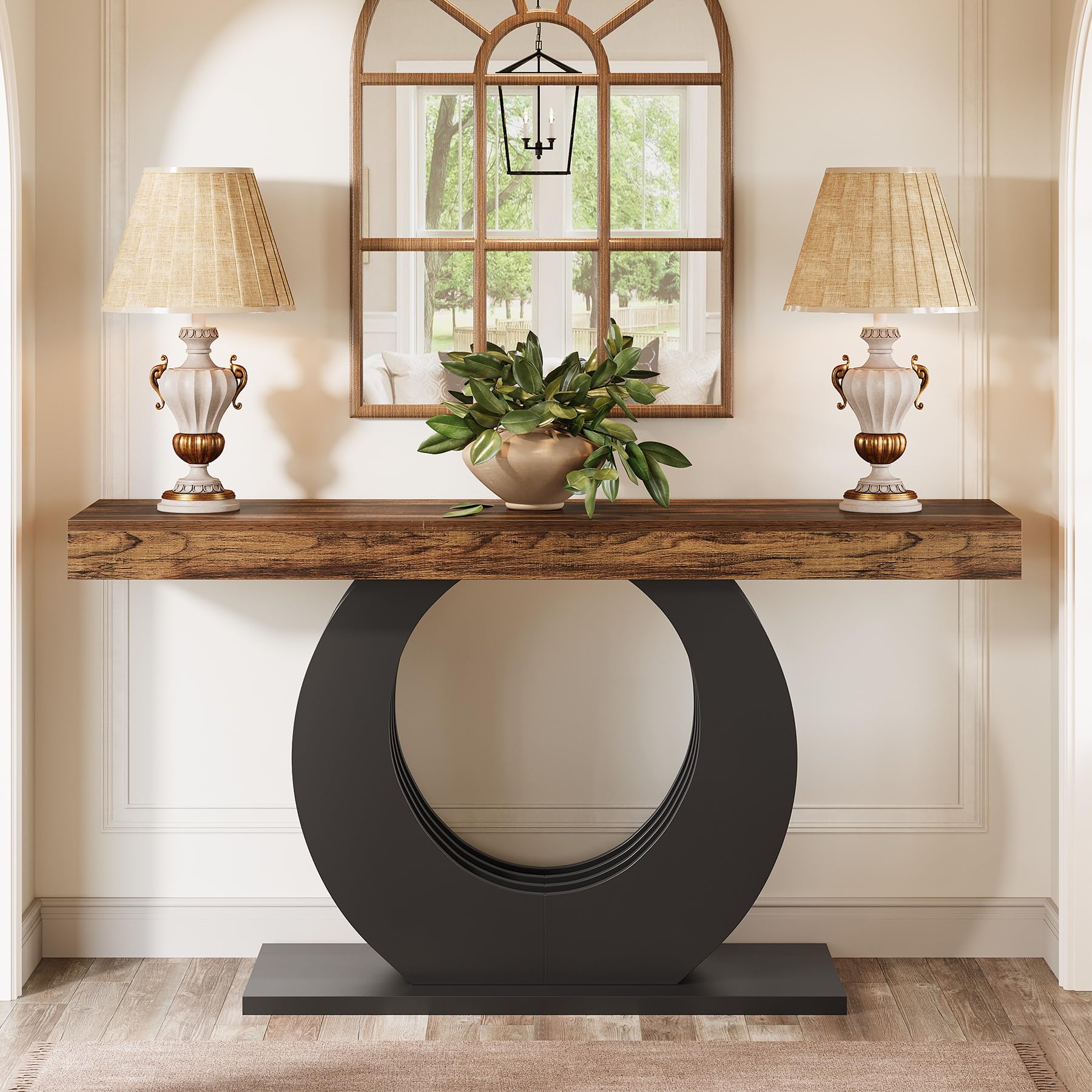 Tribesigns 63-Inch Console Sofa Table, Rustic Industrial Farmhouse Entryway Table, Narrow Long Couch Console Behind Sofa with Black Circle Base for Living Room Hallway, Rustic Brown