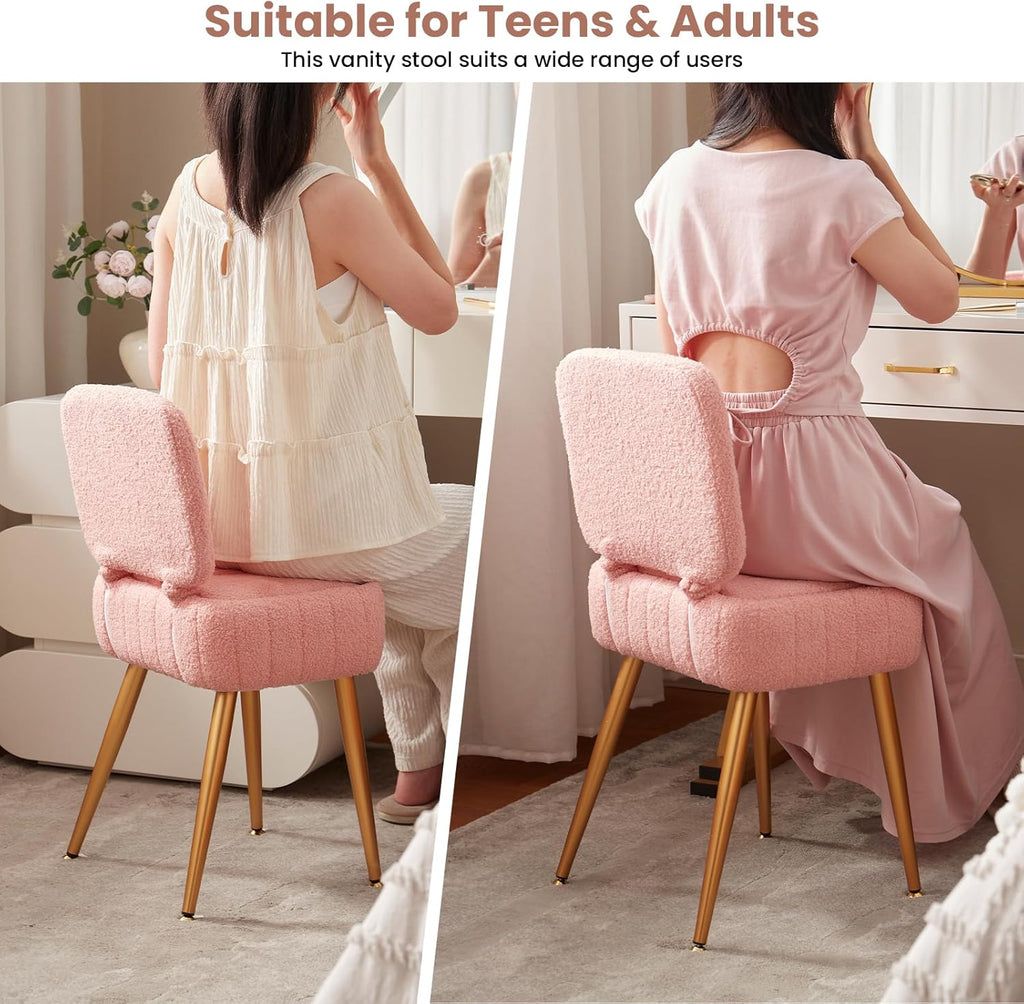 Updated Vanity Chair, Storage Ottoman with Folding Back & Gold-Toned Metal Legs, Ottoman Seat with Teddy Velvet for Dressing Room Living Room Bedroom, 15" x 12" Inch