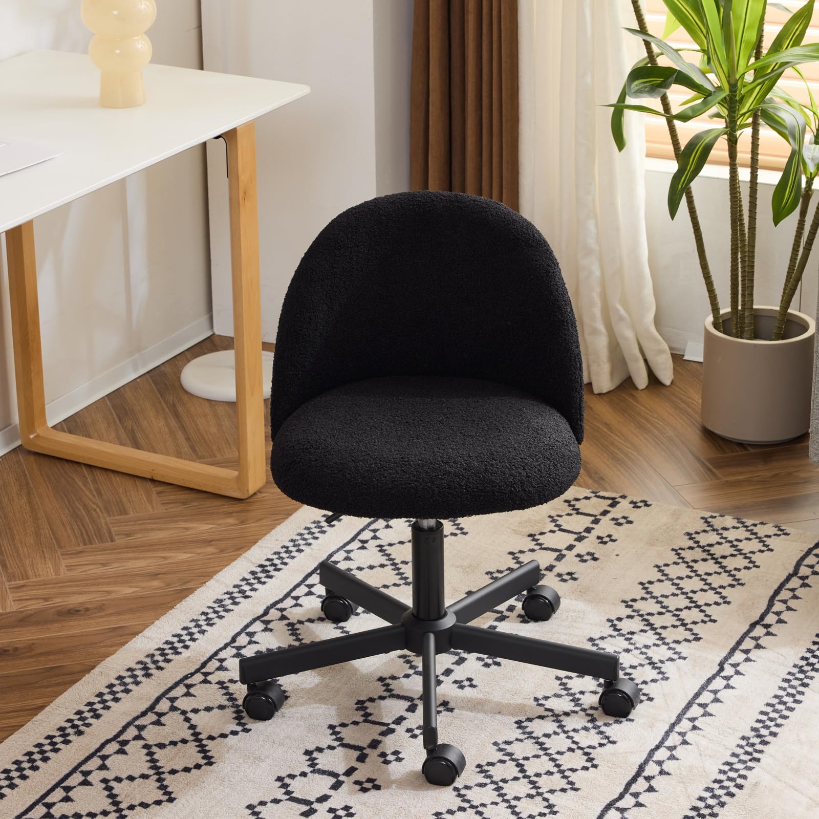 VINGLI Candy Chair Armless Cute Desk Chair,Comfy Small Office Chair with Wheels,Vanity Chair Lumbar Support,Teddy Adjustable Rolling Swivel Computer Task Chair for Home Office,Bedroom,Creamy Beige