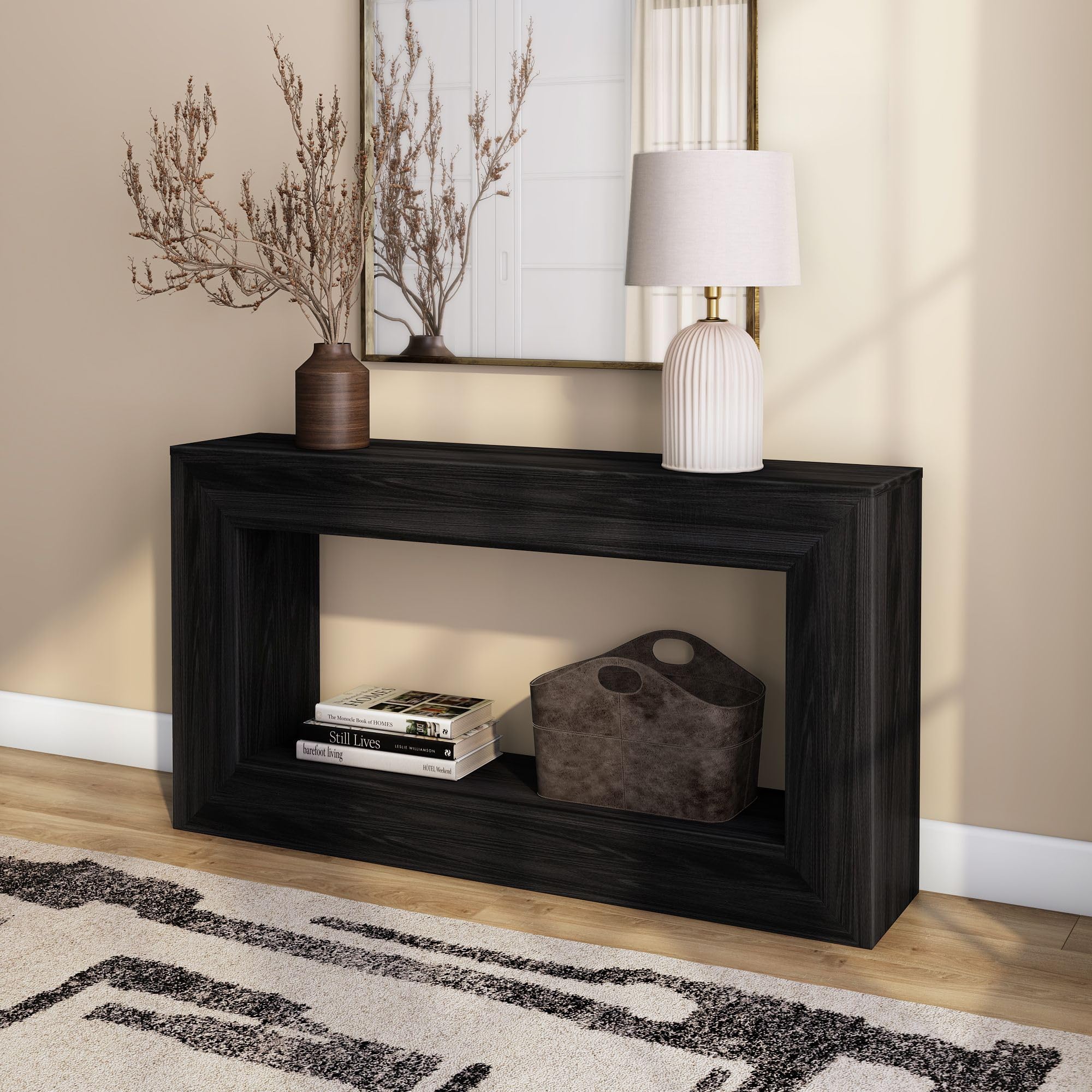 Plank+Beam Grand Console Table, 66 Inch Modern Solid Wood Sofa Table, Narrow Entryway Table for Hallway, Behind the Couch, Living Room, Foyer, Black Wirebrush