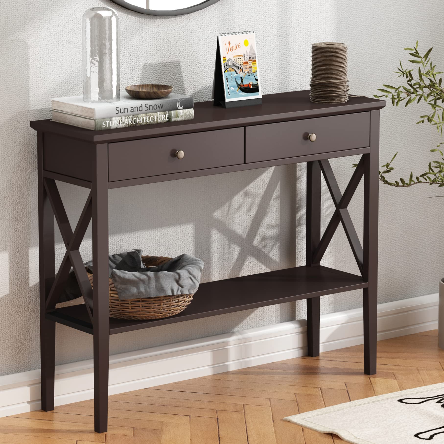 ChooChoo Console Table with Drawers, Narrow Wood Accent Sofa Table Entryway Table with Storage Shelf for Entryway, Front Hall, Hallway, Living Room, Black