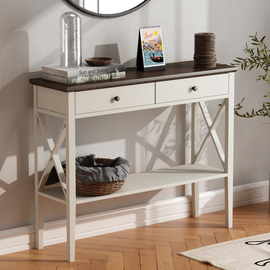 ChooChoo Console Table with Drawers, Narrow Wood Accent Sofa Table Entryway Table with Storage Shelf for Entryway, Front Hall, Hallway, Living Room, Black