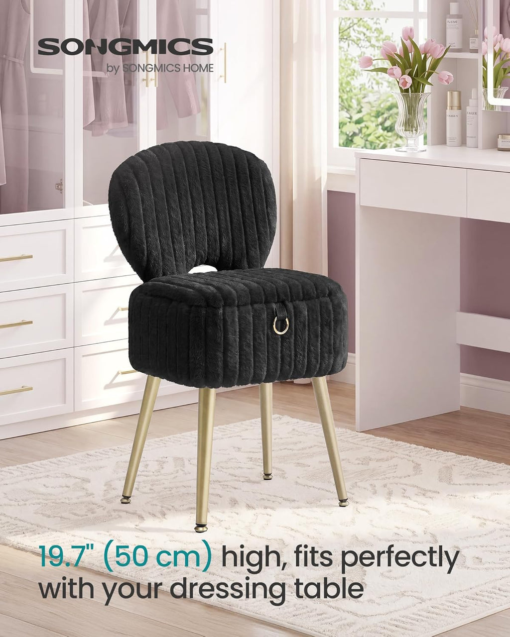 SONGMICS Small Vanity Chair with Storage and Folding Back, Vanity Stool, Footrest Footstool Ottoman, Dressing Table Stool, Furry Padded Seat, for Makeup Room, Bedroom, Ink Black ULOM532BH01