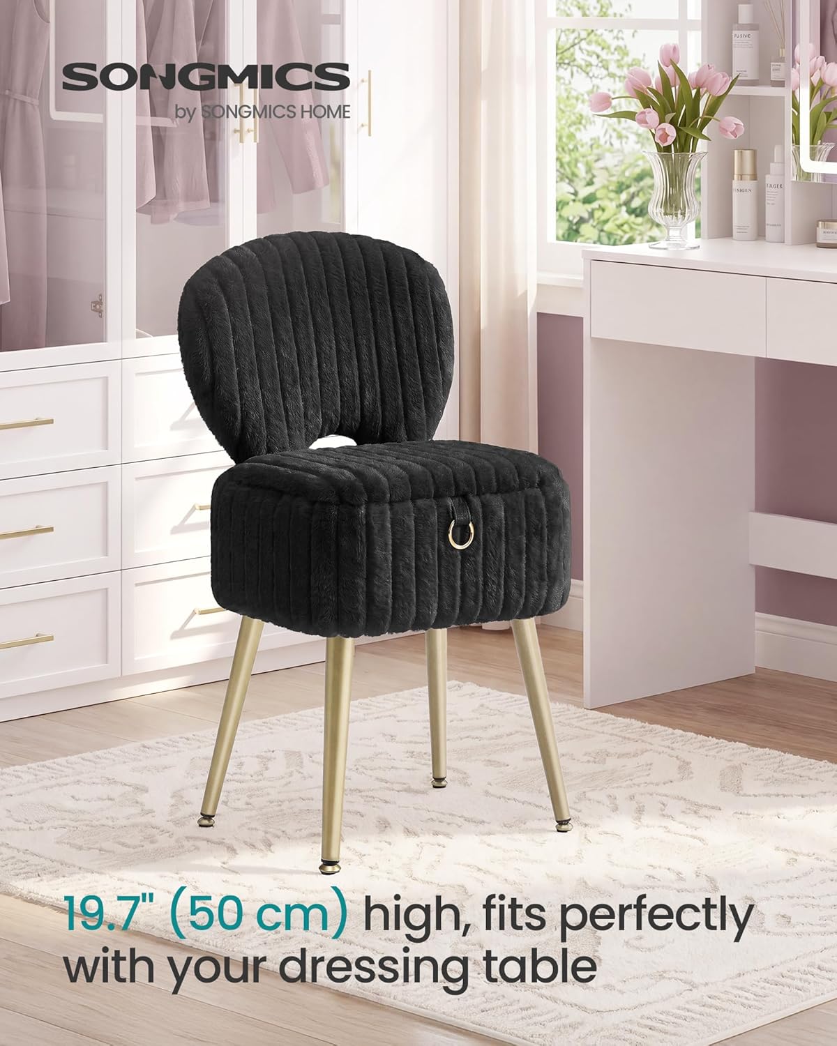 SONGMICS Small Vanity Chair with Storage and Folding Back, Vanity Stool, Footrest Footstool Ottoman, Dressing Table Stool, Furry Padded Seat, for Makeup Room, Bedroom, Ink Black ULOM532BH01