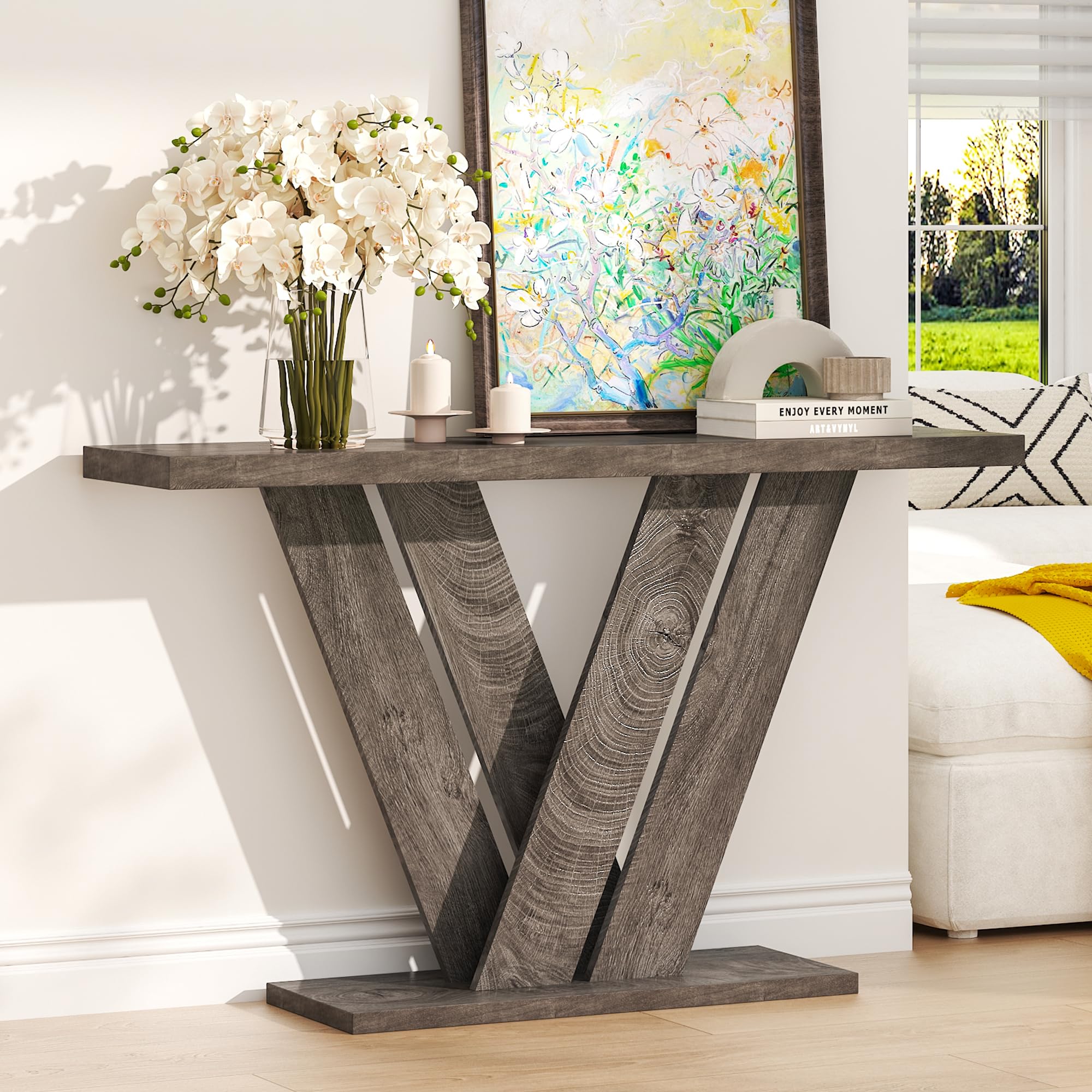 karlott 51 Inch Console Table, Modern V-Shaped Entryway Table, Wood Sofa Table Behind The Couch for Living Room, Hallway, Entrance, Foyer, Easy Assembly, Brown