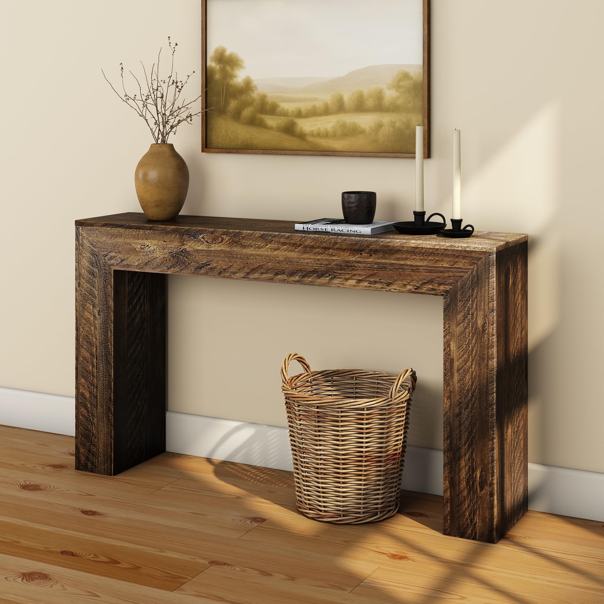 Plank+Beam Grand Console Table, 66 Inch Modern Solid Wood Sofa Table, Narrow Entryway Table for Hallway, Behind the Couch, Living Room, Foyer, Black Wirebrush