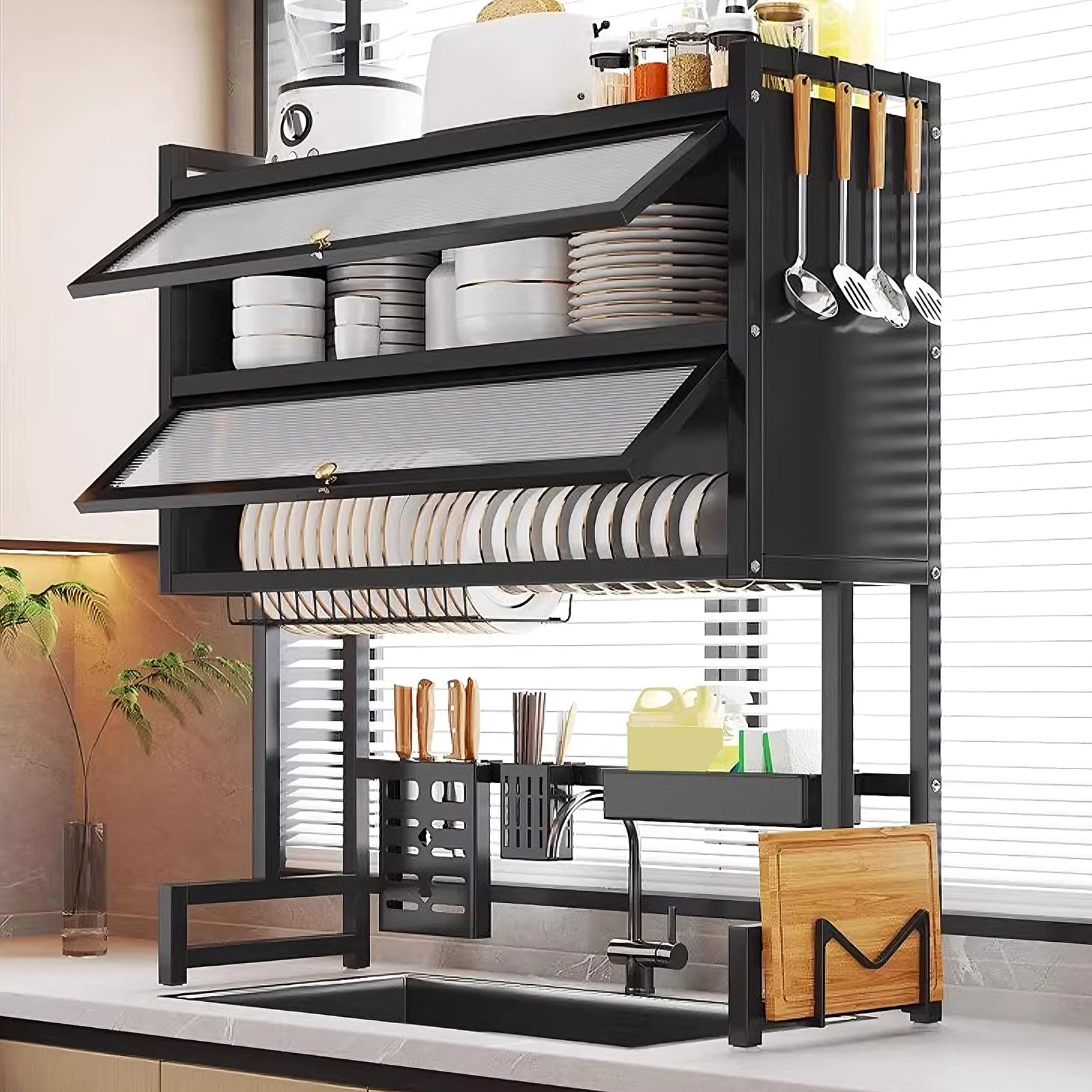 Over The Sink Dish Drying Rack 3 Tier with Acrylic Doors and Suction Cup Feet Kitchen Sink Caddy Organizer Carbon Steel Large Dishes Drying Rack for Kitchens(White,85 * 28 * 102cm)