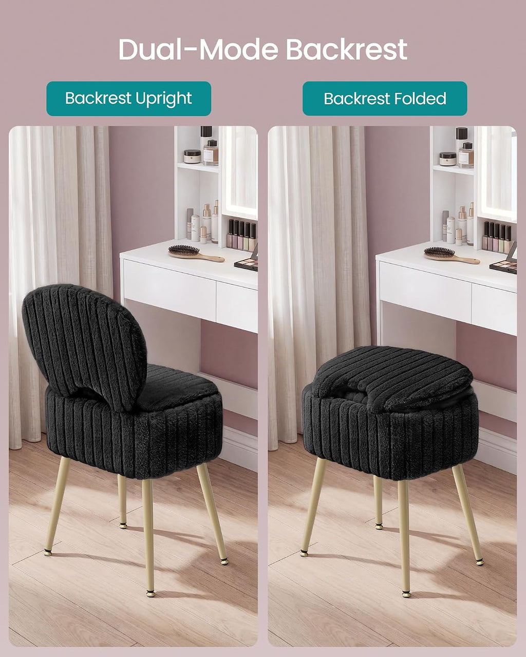 SONGMICS Small Vanity Chair with Storage and Folding Back, Vanity Stool, Footrest Footstool Ottoman, Dressing Table Stool, Furry Padded Seat, for Makeup Room, Bedroom, Ink Black ULOM532BH01