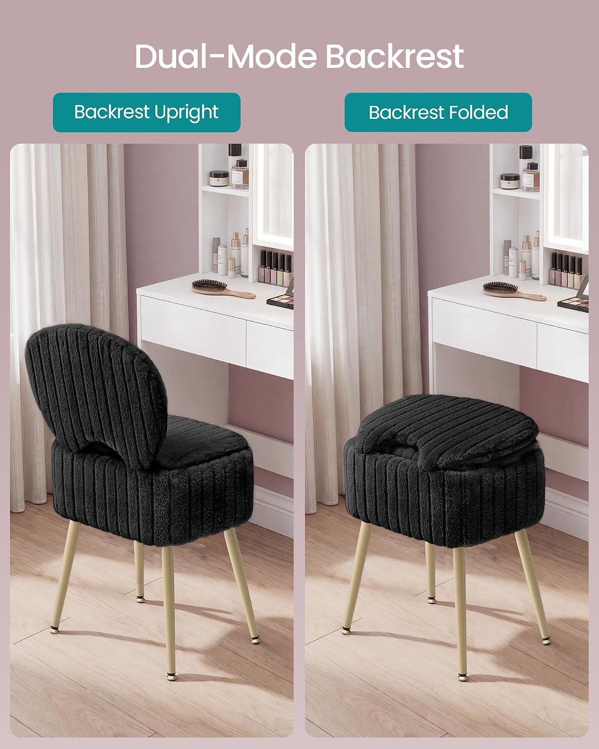 SONGMICS Small Vanity Chair with Storage and Folding Back, Vanity Stool, Footrest Footstool Ottoman, Dressing Table Stool, Furry Padded Seat, for Makeup Room, Bedroom, Ink Black ULOM532BH01