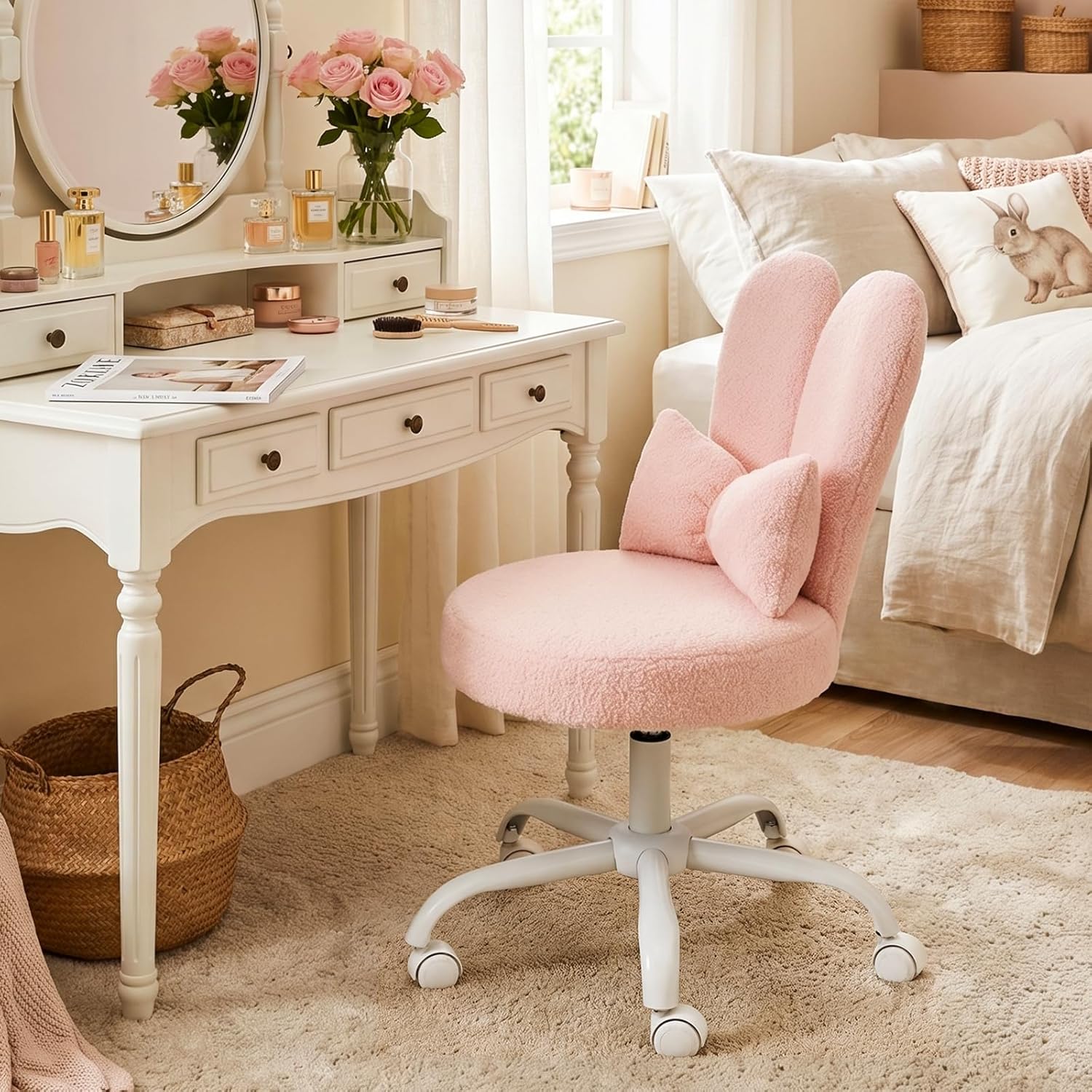 VINGLI Playful Rabbit Ear Swivel White Vanity Desk Chair with wheels&Bow Pillow,Cute Comfy Small Armless Adjustable Rolling Stool for Bedroom/Home Office,for Kids,Teens,Girls,Women,Adults,Teddy Fleece