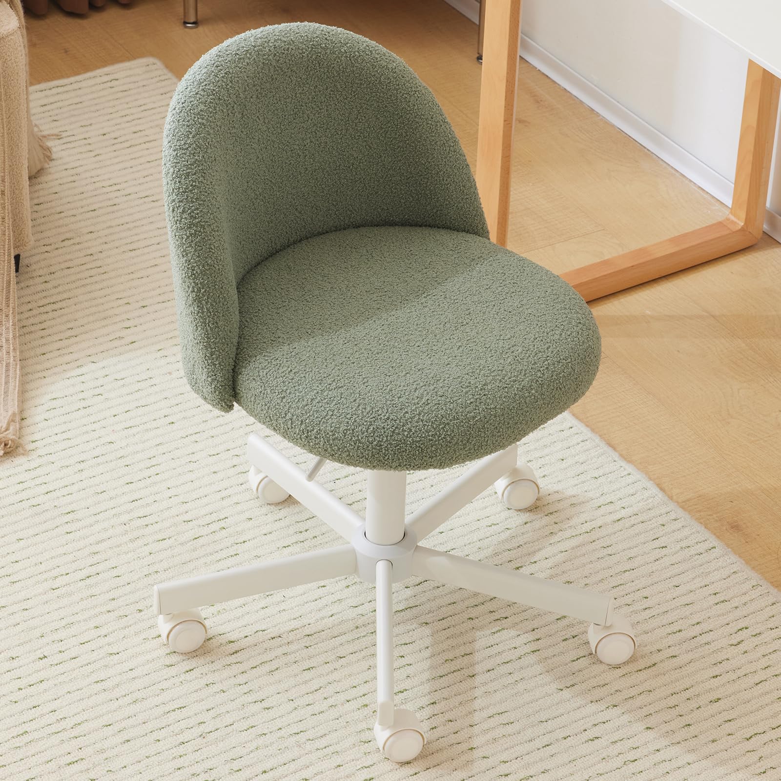 VINGLI Candy Chair Armless Cute Desk Chair,Comfy Small Office Chair with Wheels,Vanity Chair Lumbar Support,Teddy Adjustable Rolling Swivel Computer Task Chair for Home Office,Bedroom,Creamy Beige
