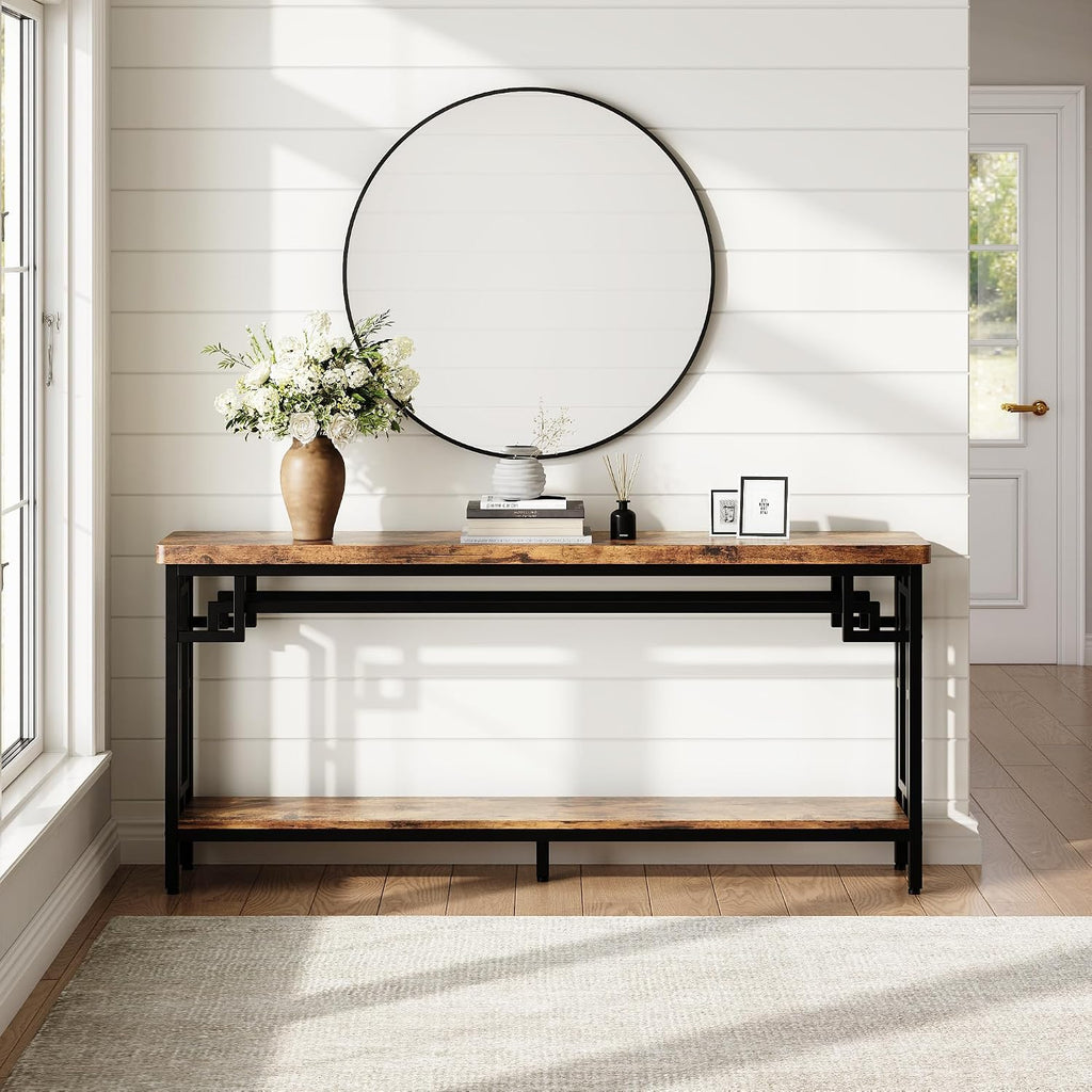 IRONCK 70.9" Long Console Table, 2-Tier Long Narrow Console Table Behind Couch for Display with Central Support Frame, Industrial Long Entryway Table for Entryway and Living Room