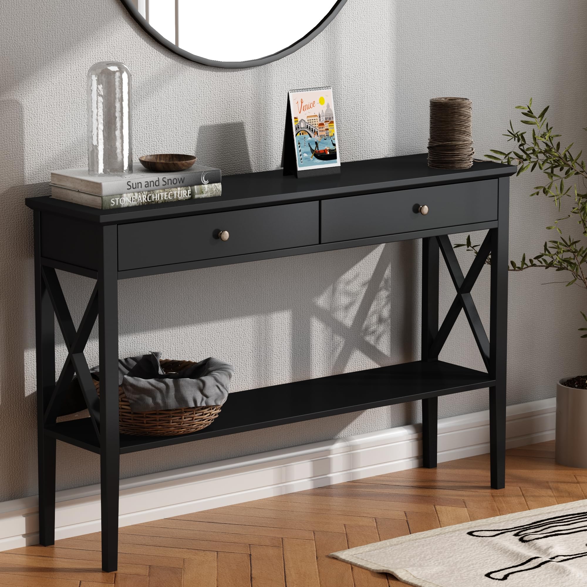 ChooChoo Console Table with Drawers, Narrow Wood Accent Sofa Table Entryway Table with Storage Shelf for Entryway, Front Hall, Hallway, Living Room, Black