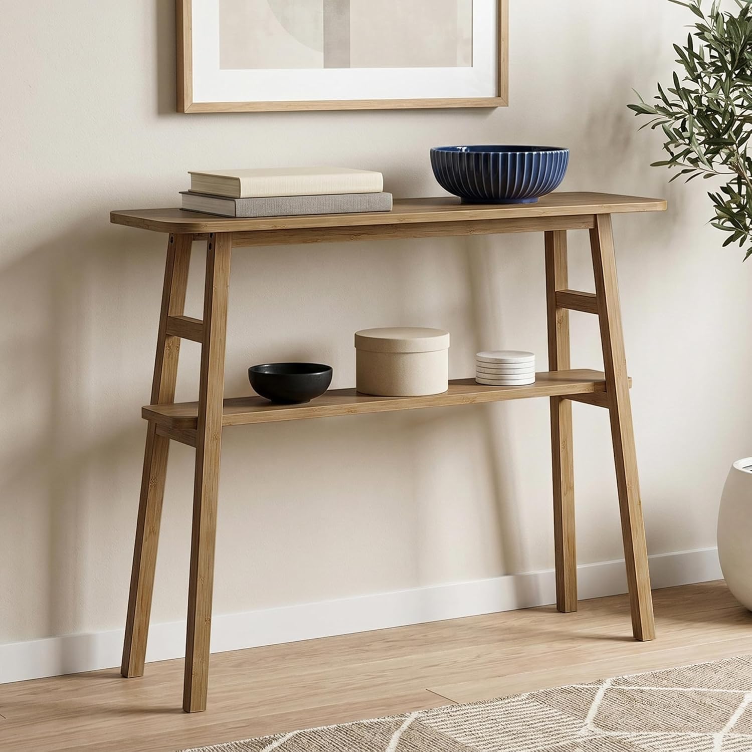 39.4" Brown Bamboo Narrow Console Table with Lower Storage Shelf